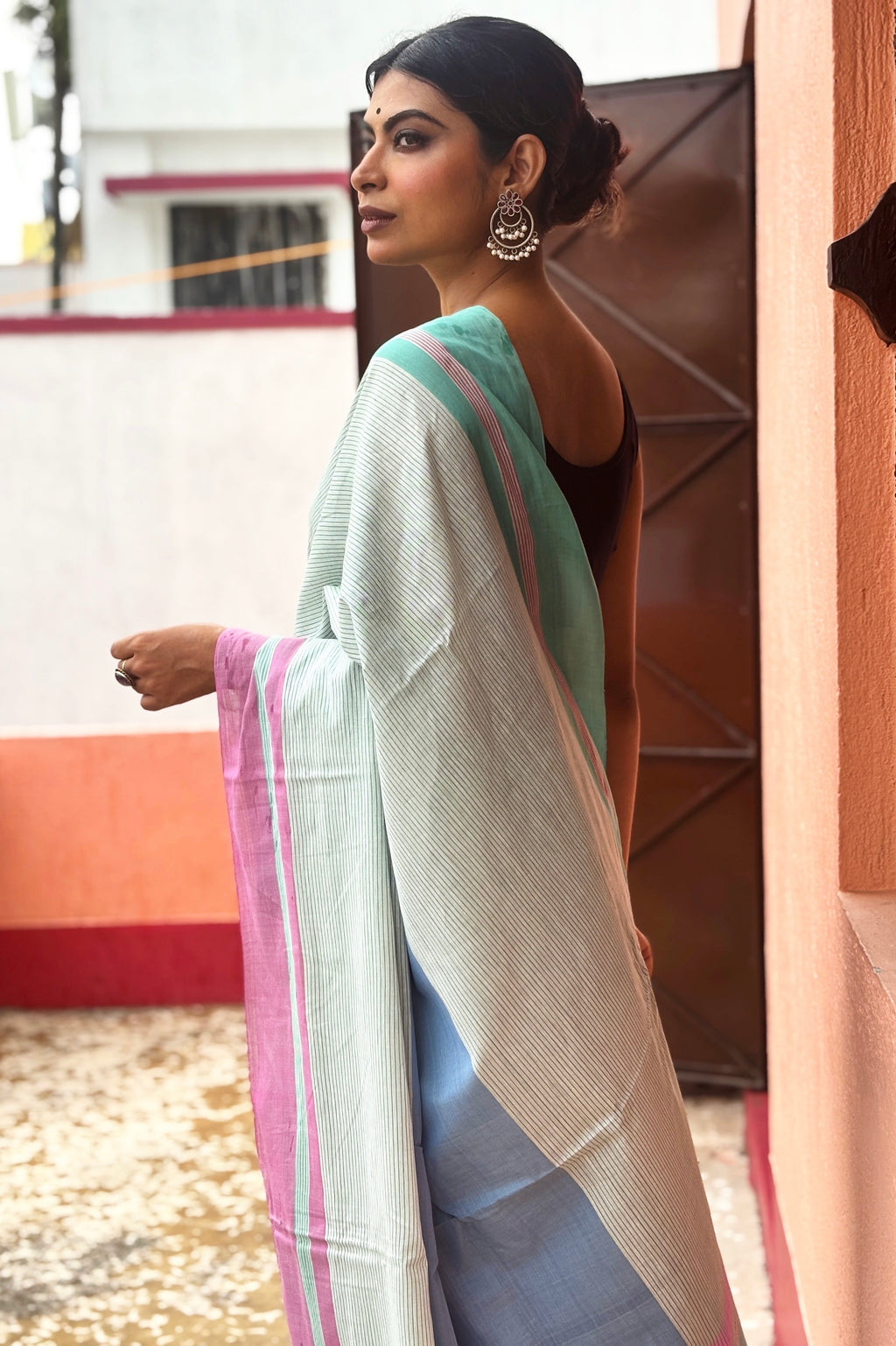 Three Color Cotton Dhaniakhali Saree with Ganga Jmuna Border- Green