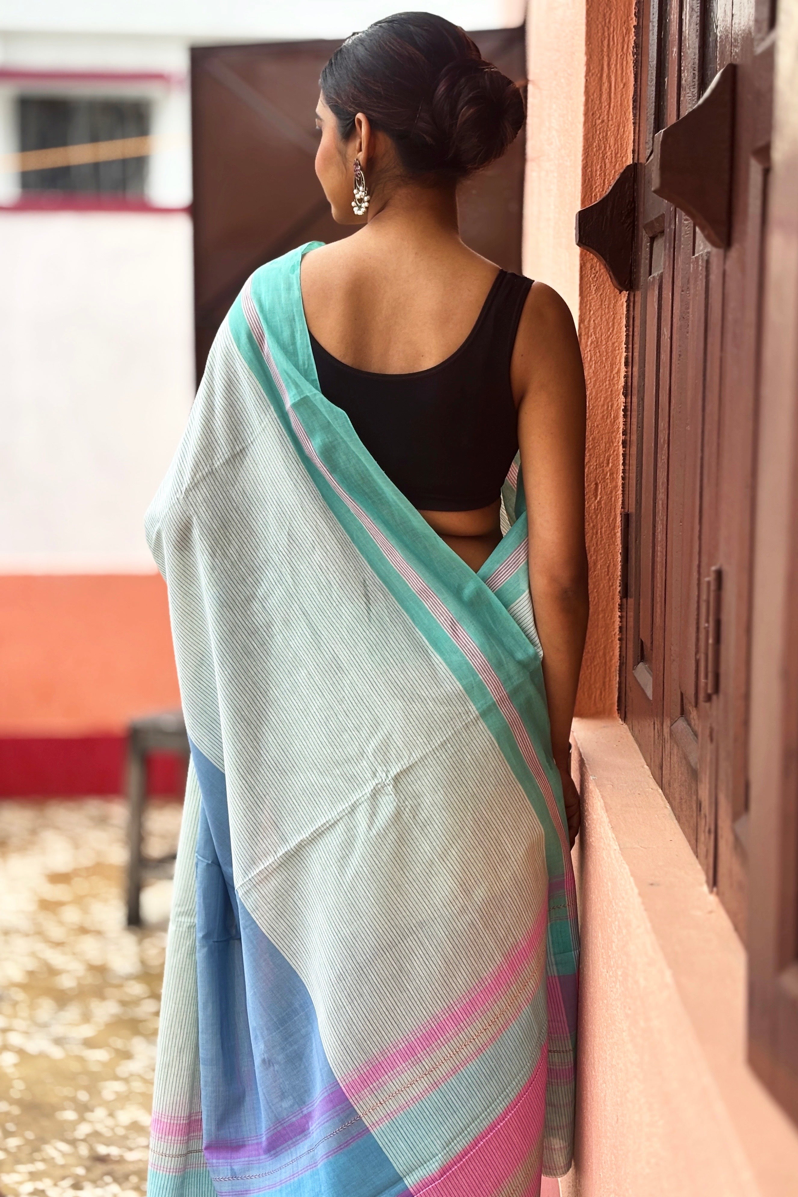 Three Color Cotton Dhaniakhali Saree with Ganga Jmuna Border- Green