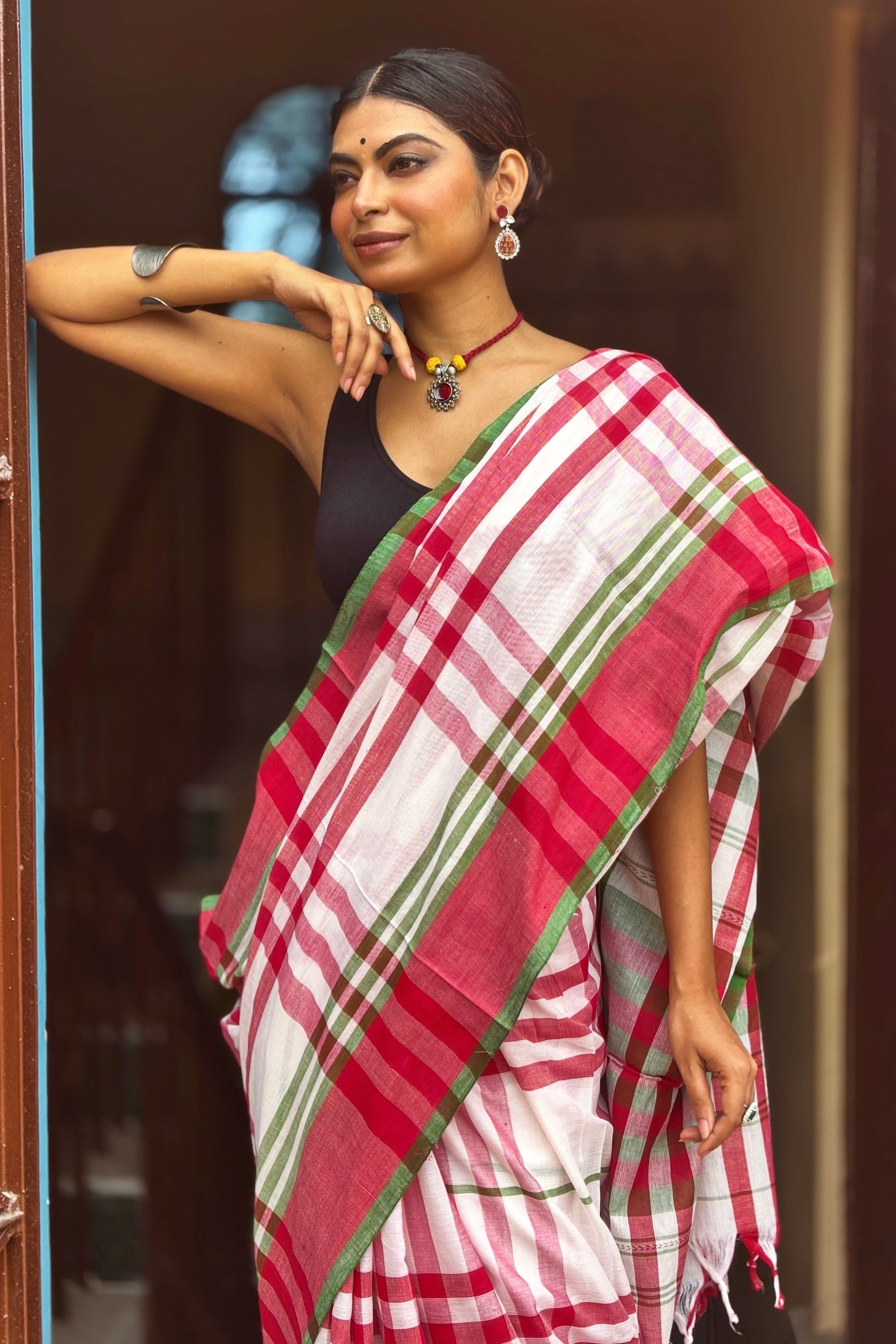White Cotton Dhaniakhali Saree with Red Green Checks