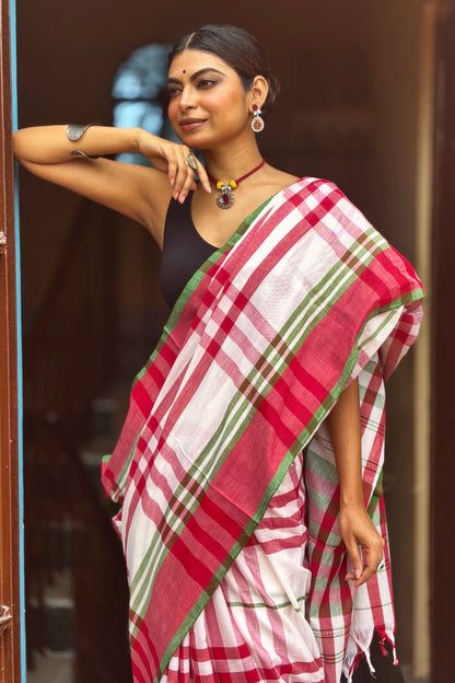 Pinkish White Cotton Dhaniakhali Saree with Red Green Checks