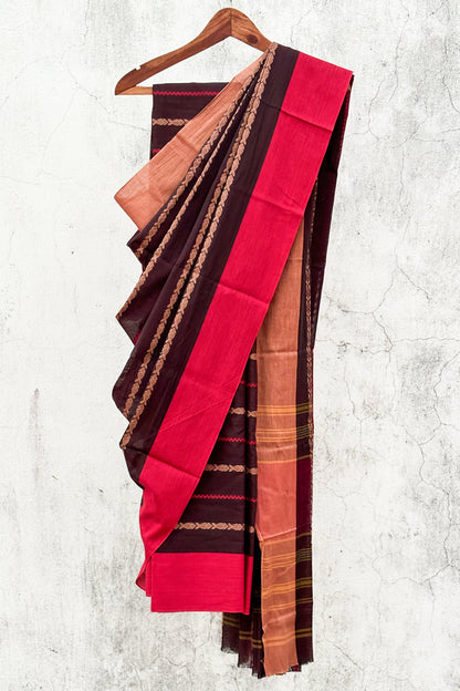 Cherry Brown Fish Woven Cotton Dhaniakhali Saree with Ganga Jamuna Borders