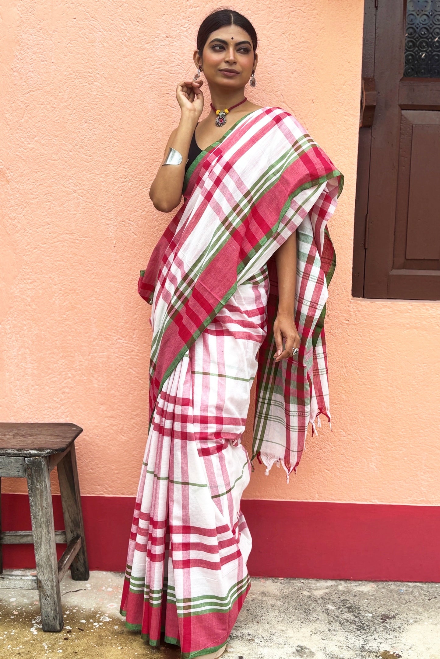 Pinkish White Cotton Dhaniakhali Saree with Red Green Checks