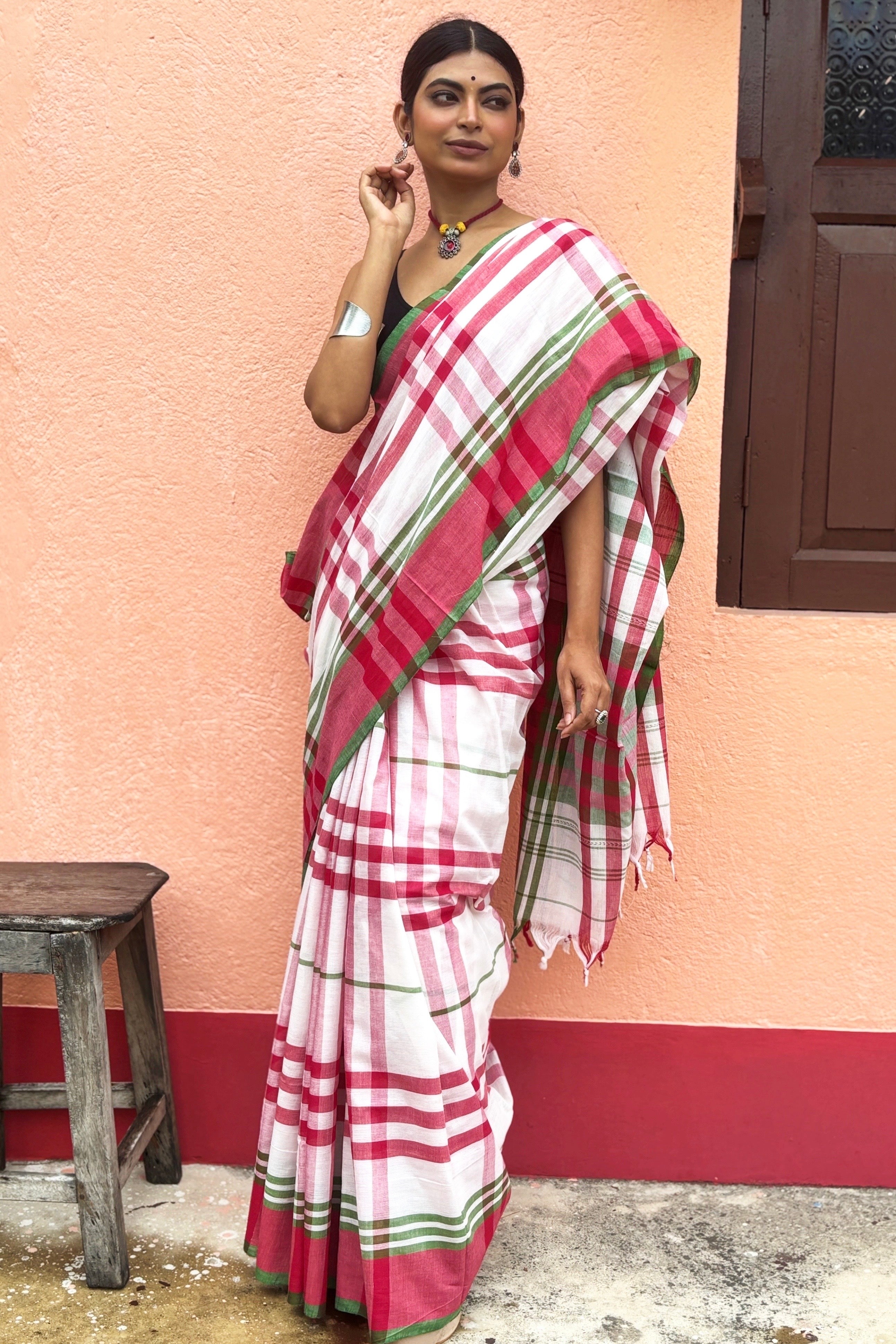 White Cotton Dhaniakhali Saree with Red Green Checks