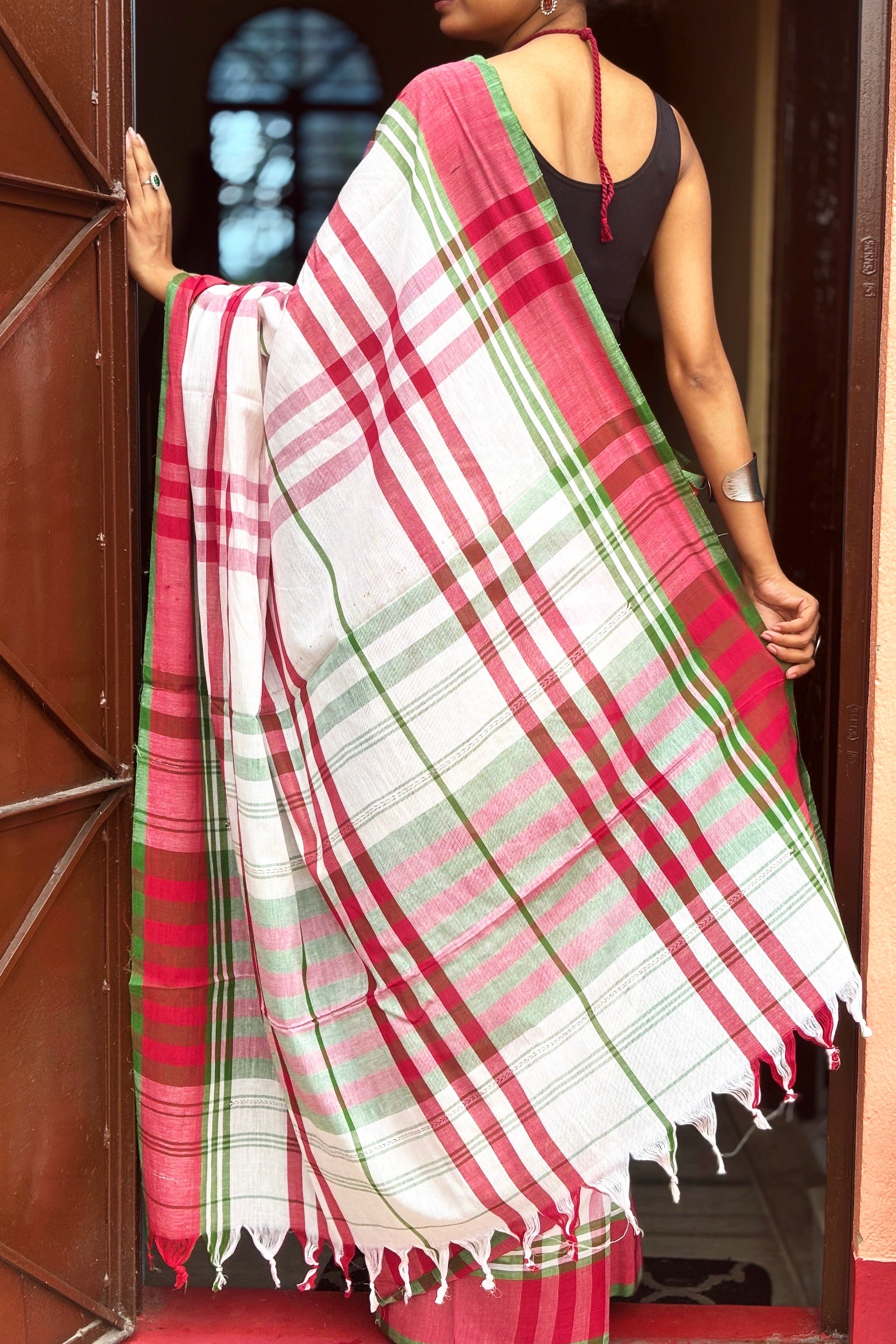 White Cotton Dhaniakhali Saree with Red Green Checks