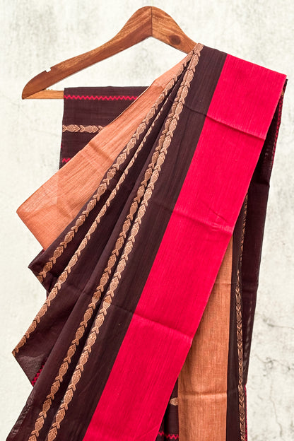 Cherry Brown Fish Woven Cotton Dhaniakhali Saree with Ganga Jamuna Borders