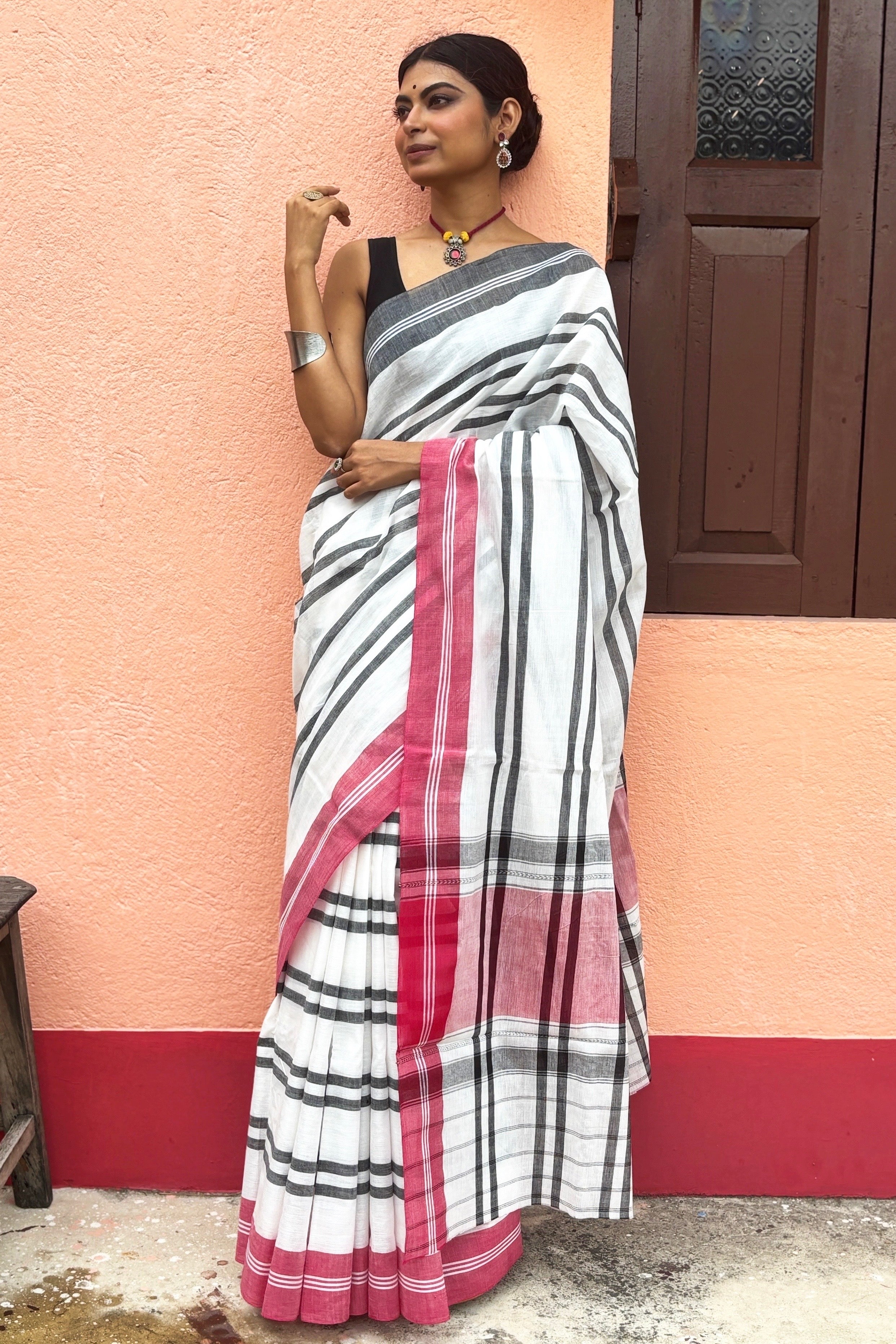 White Cotton Dhaniakhali Saree with Black stripes and Ganga Jamuna Borders