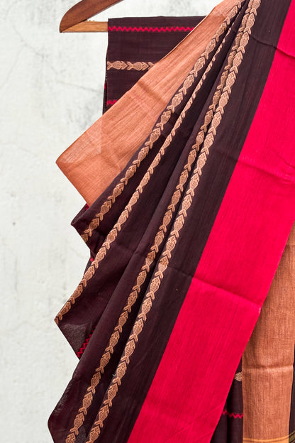 Cherry Brown Fish Woven Cotton Dhaniakhali Saree with Ganga Jamuna Borders