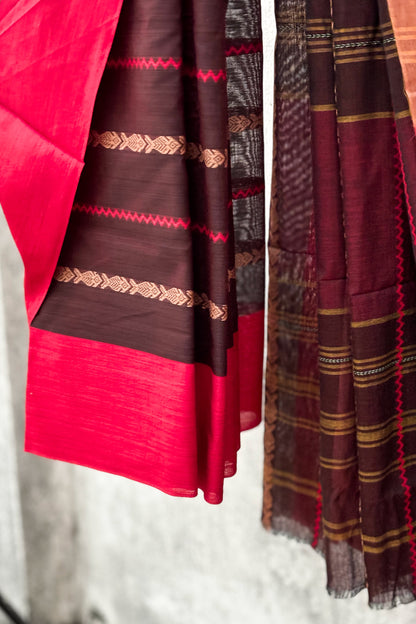 Cherry Brown Fish Woven Cotton Dhaniakhali Saree with Ganga Jamuna Borders