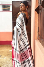 White Cotton Dhaniakhali Saree with Black stripes and Ganga Jamuna Borders