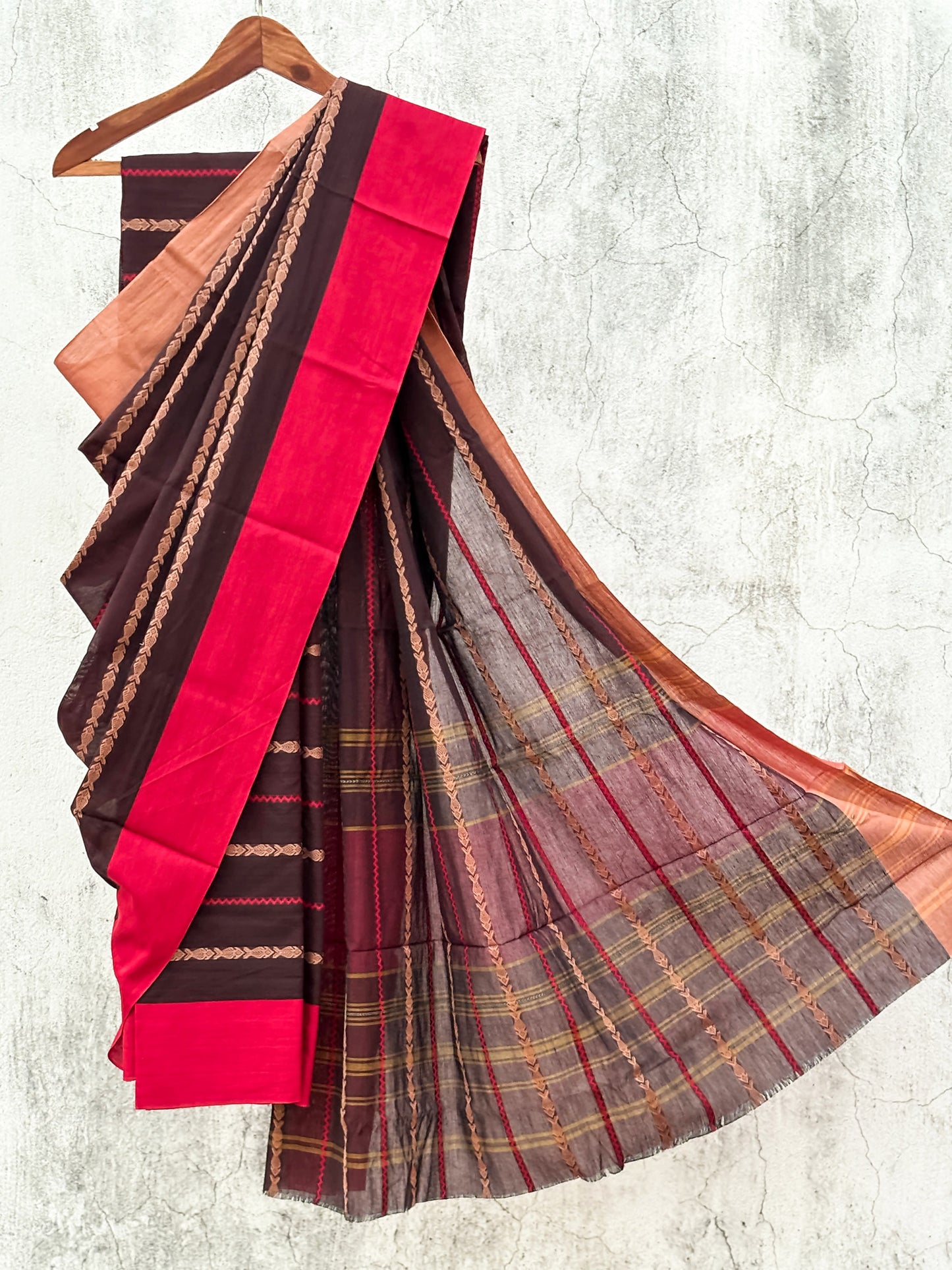 Cherry Brown Fish Woven Cotton Dhaniakhali Saree with Ganga Jamuna Borders