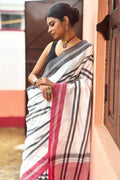 White Cotton Dhaniakhali Saree with Black stripes and Ganga Jamuna Borders