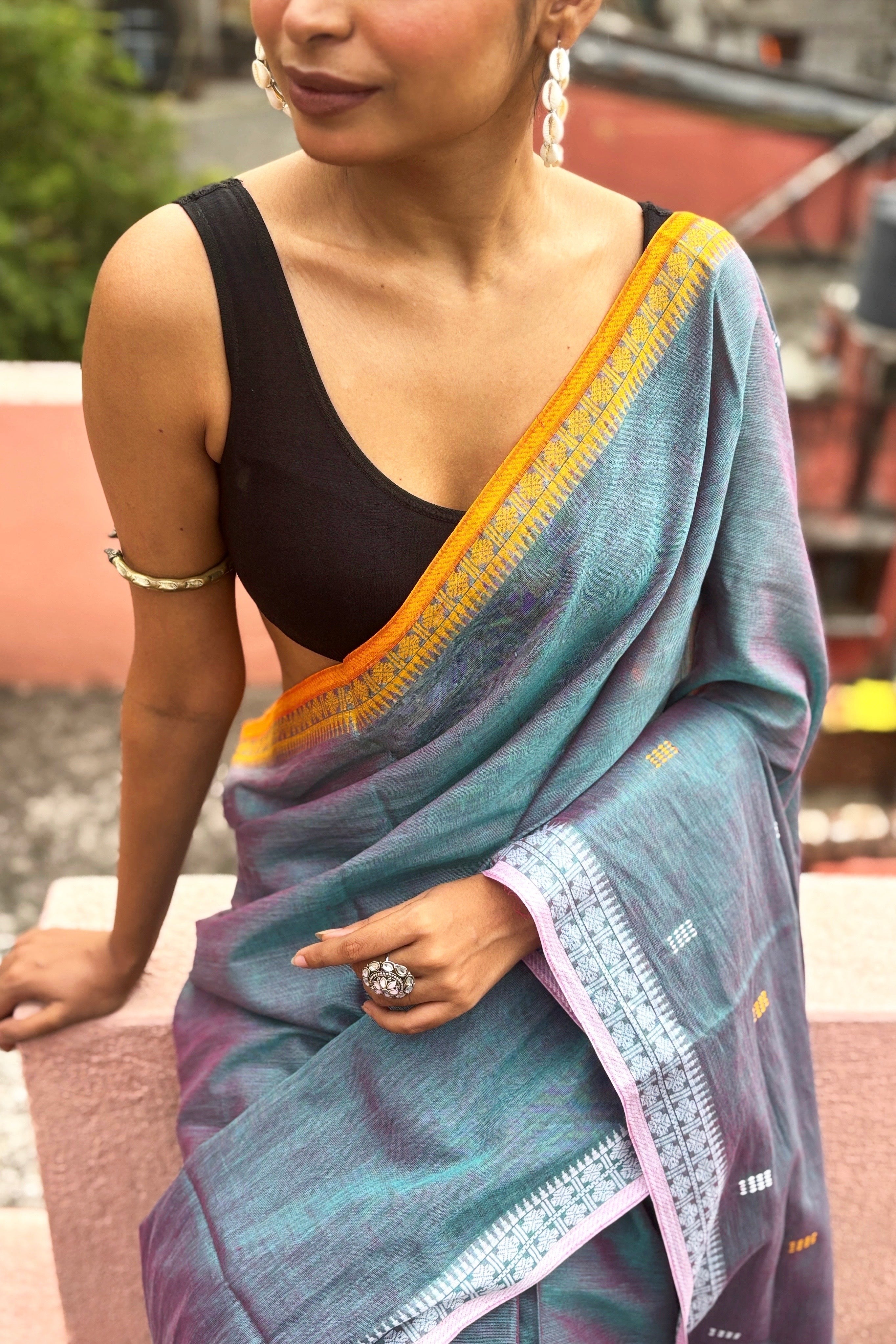Dual Tone Cotton Dhaniakhali Saree with Ganga Jamuna Rudraks Borders