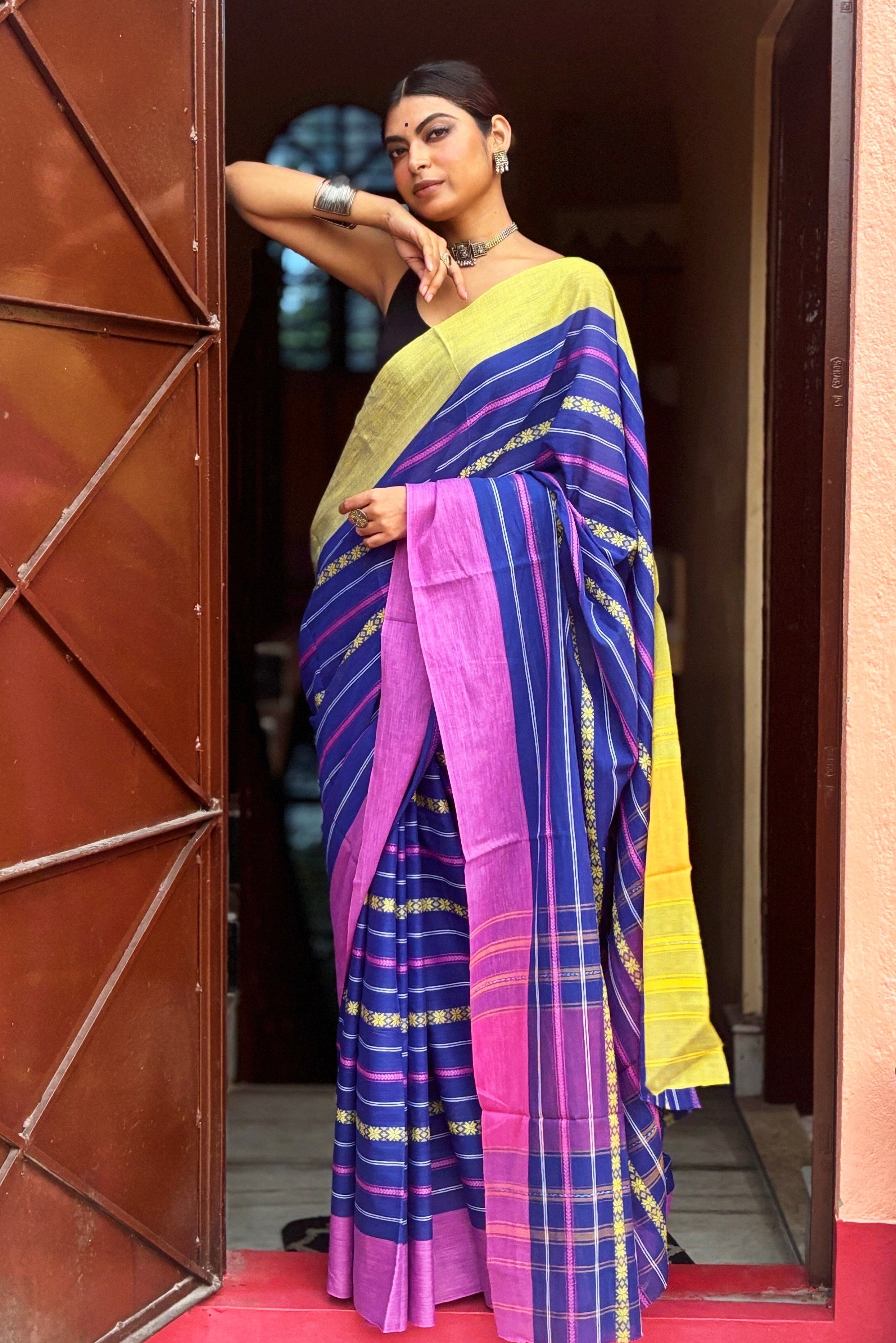 Blue Cotton Dhaniakhali Saree with Ganga Jamuna Border