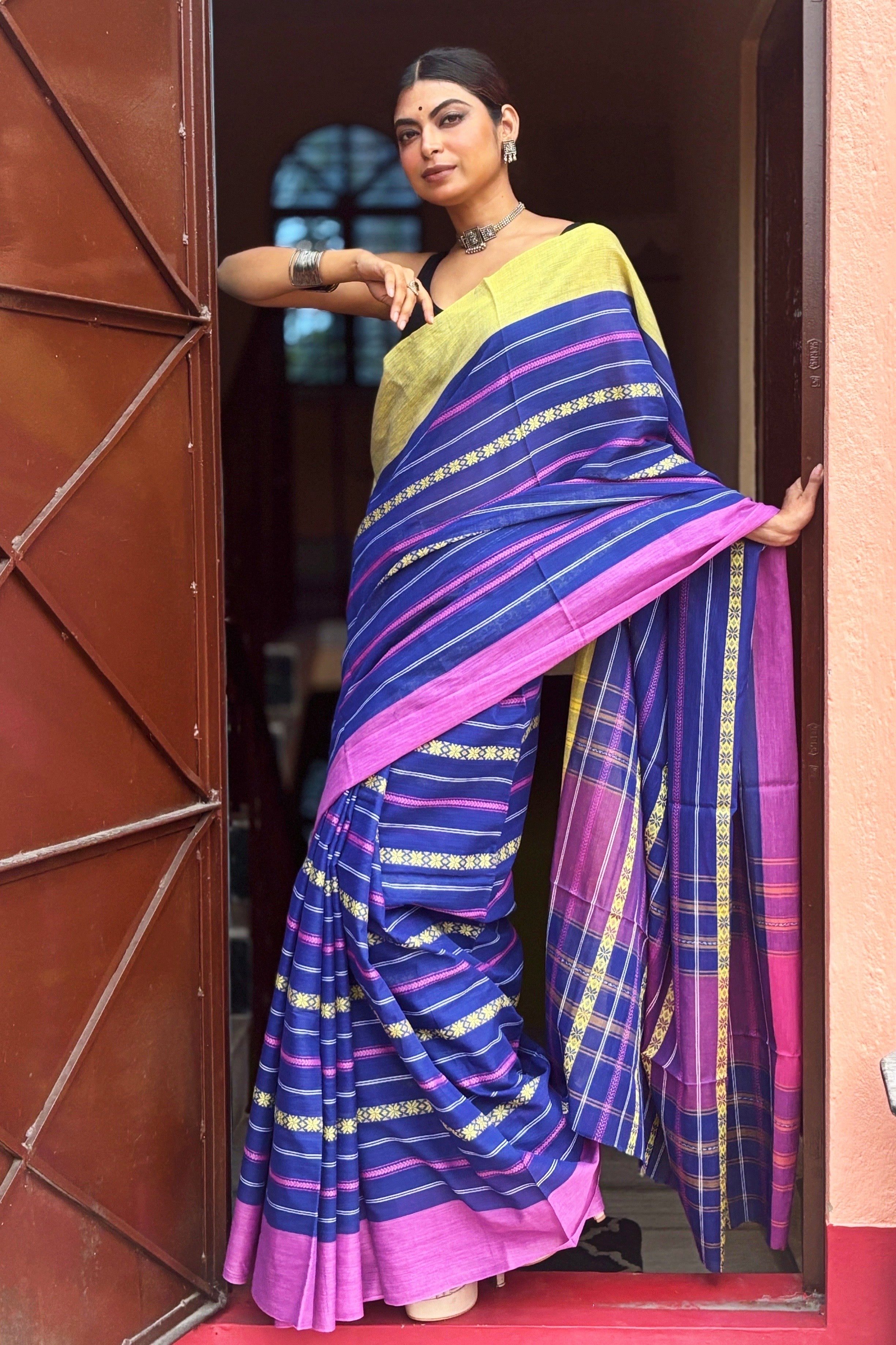 Blue Cotton Dhaniakhali Saree with Ganga Jamuna Border