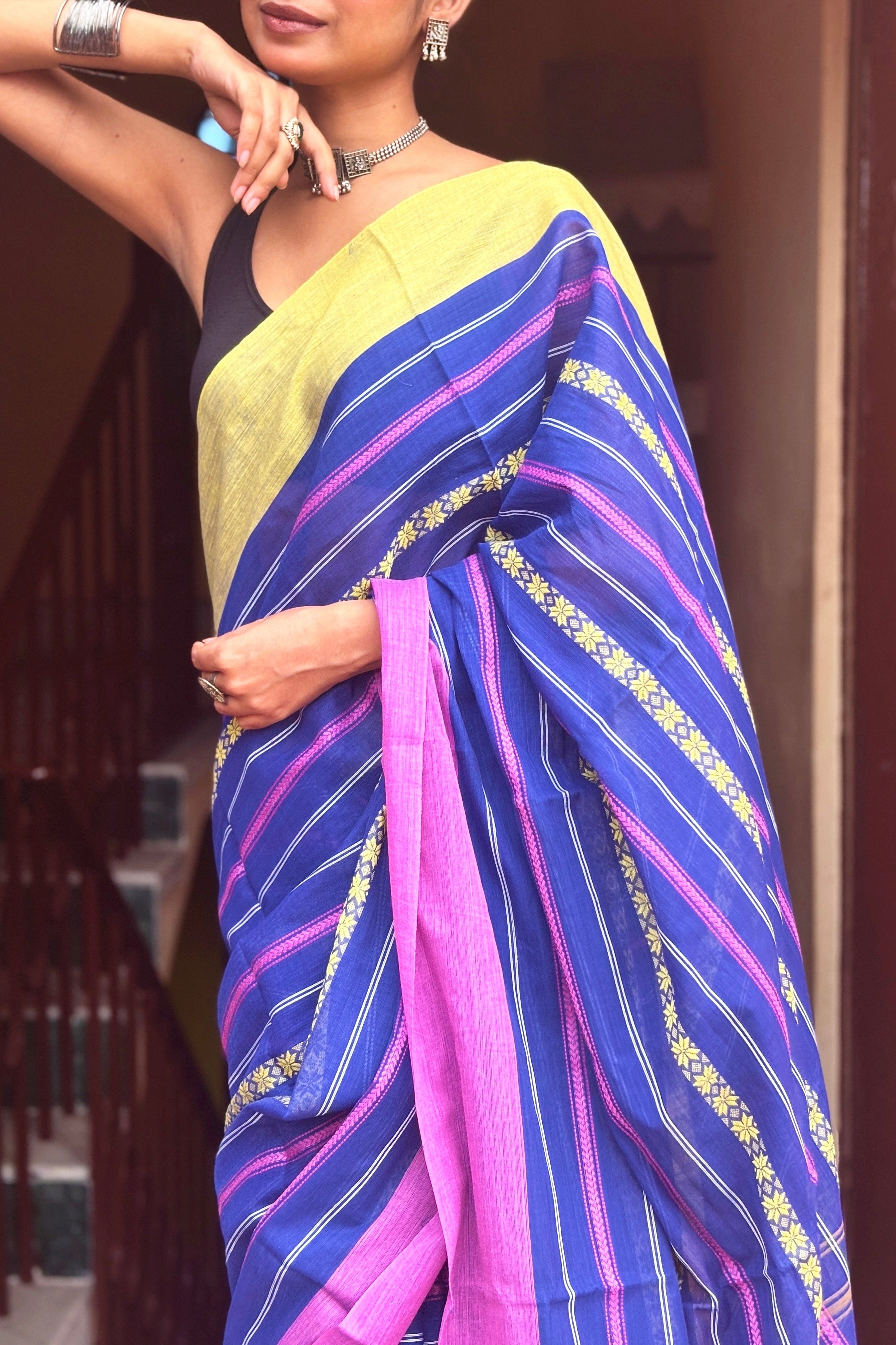 Blue Cotton Dhaniakhali Saree with Ganga Jamuna Border