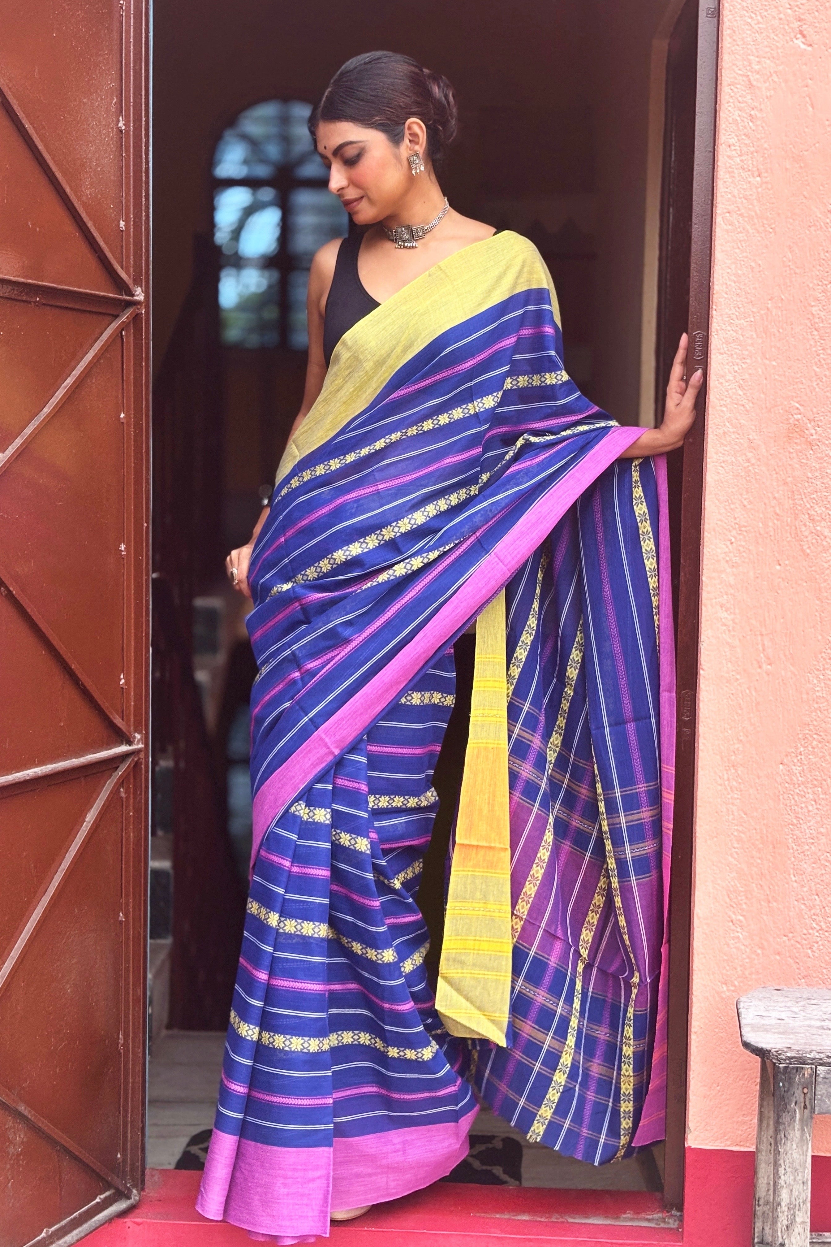 Blue Cotton Dhaniakhali Saree with Ganga Jamuna Border