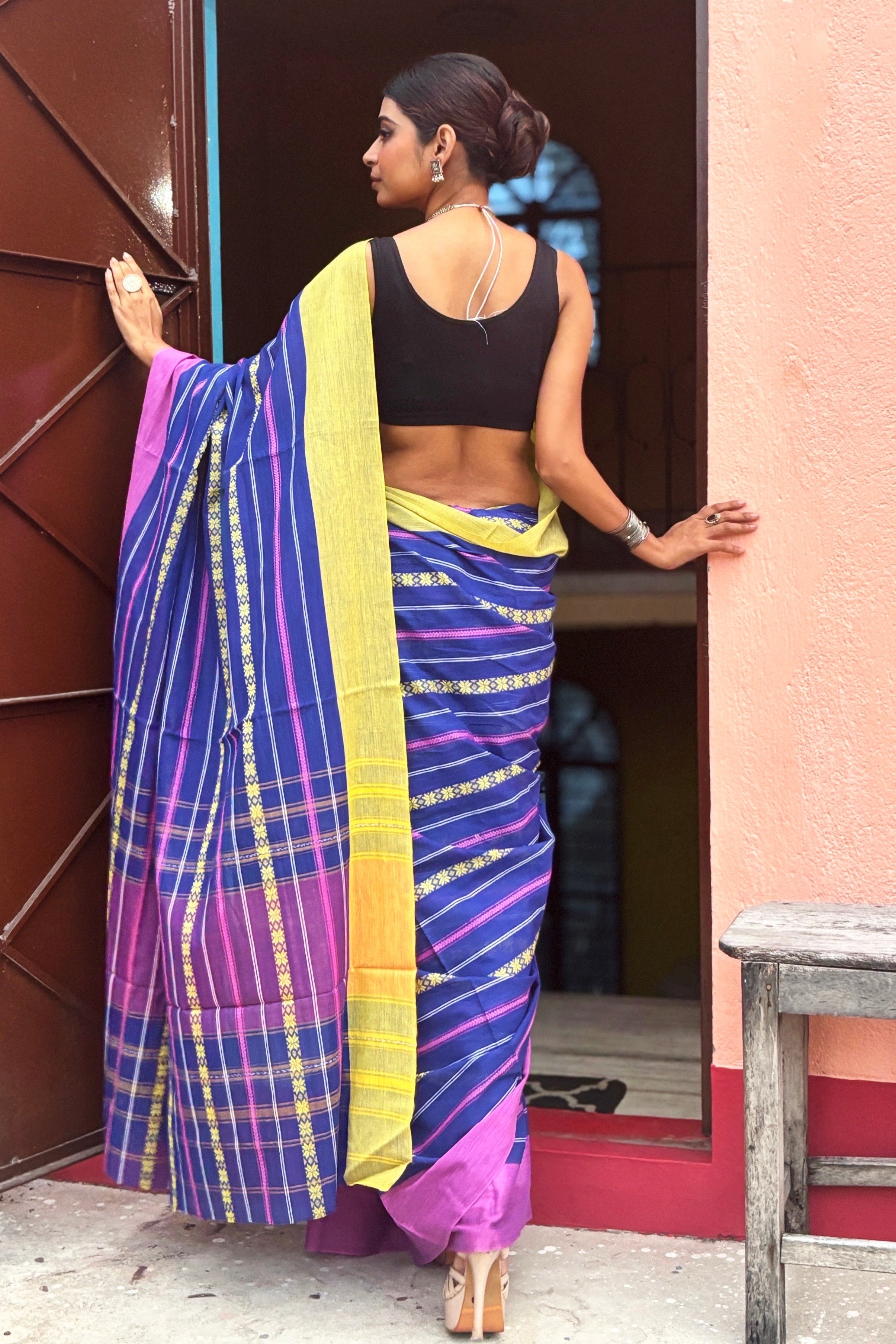 Blue Cotton Dhaniakhali Saree with Ganga Jamuna Border