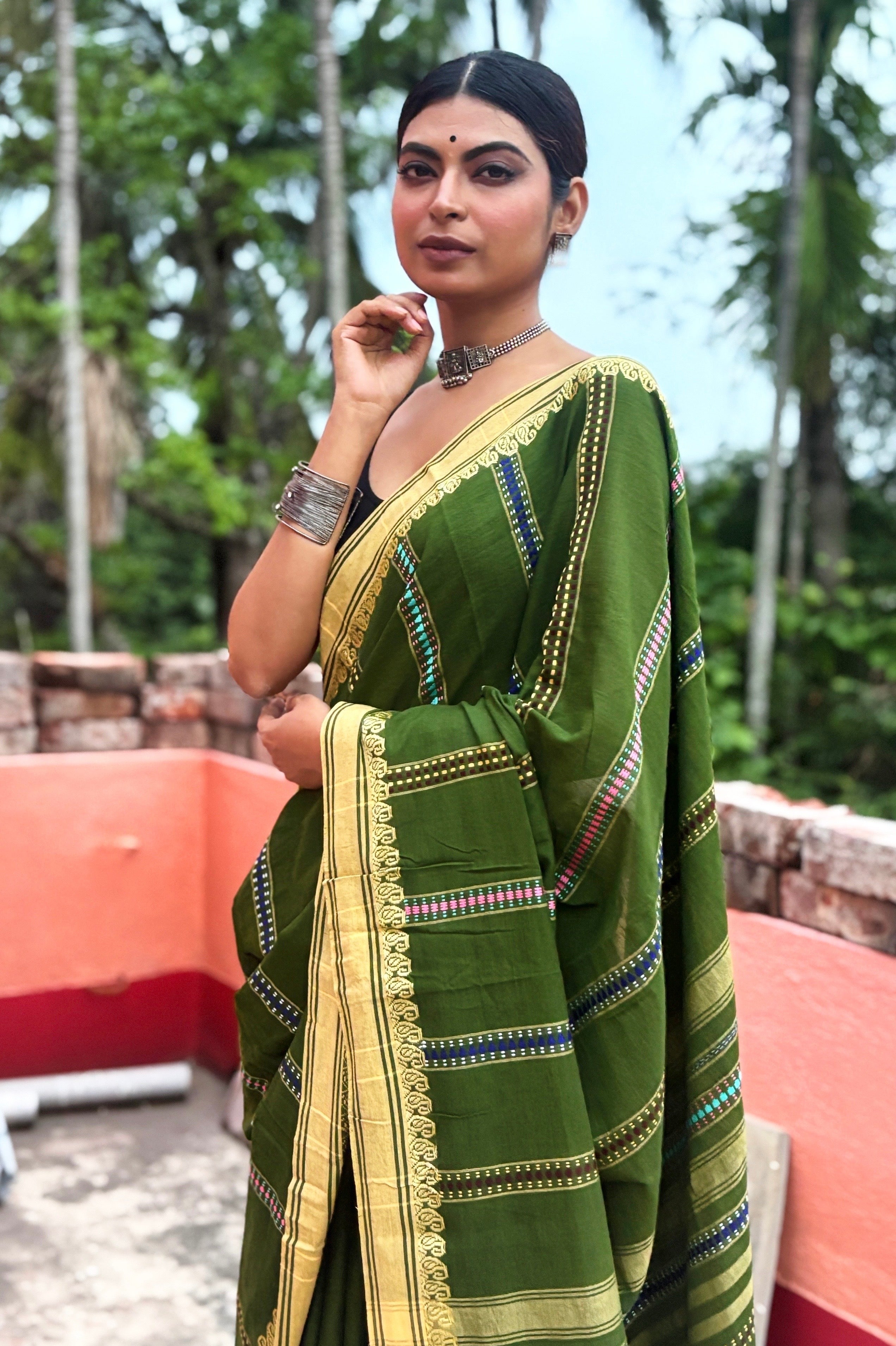 Green Begumpuri Cotton Handloom Saree with Woven Borders