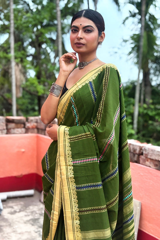 Green Begumpuri Cotton Handloom Saree with Woven Borders