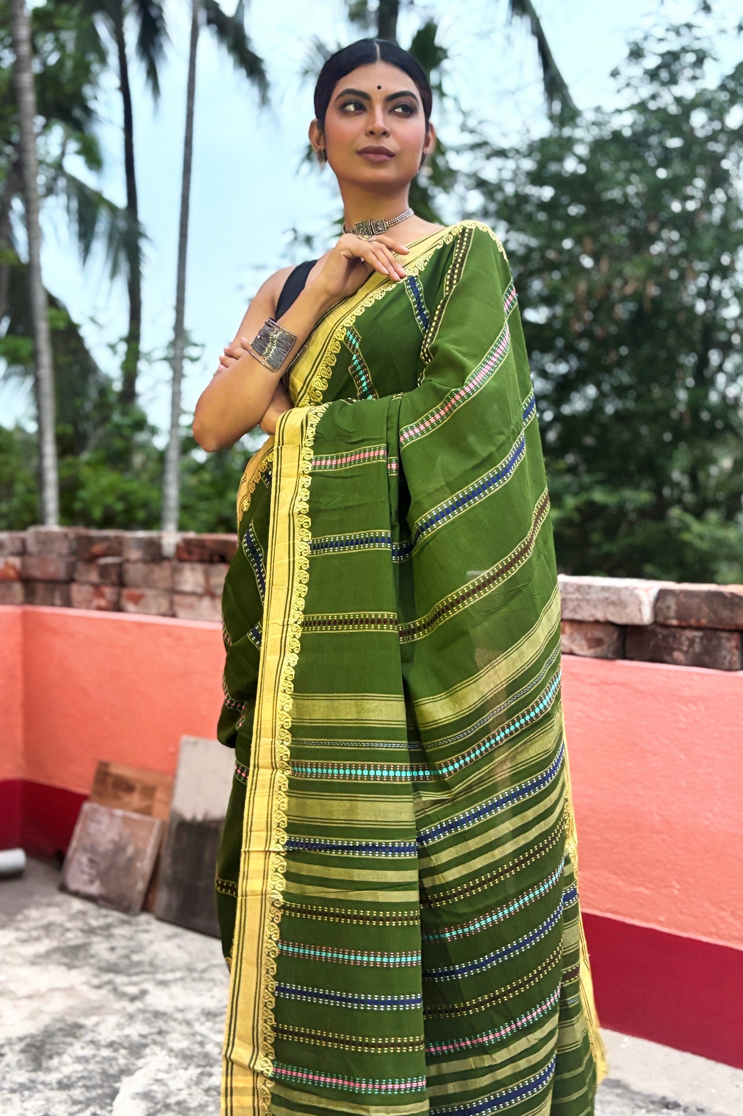 Green Begumpuri Cotton Handloom Saree with Woven Borders