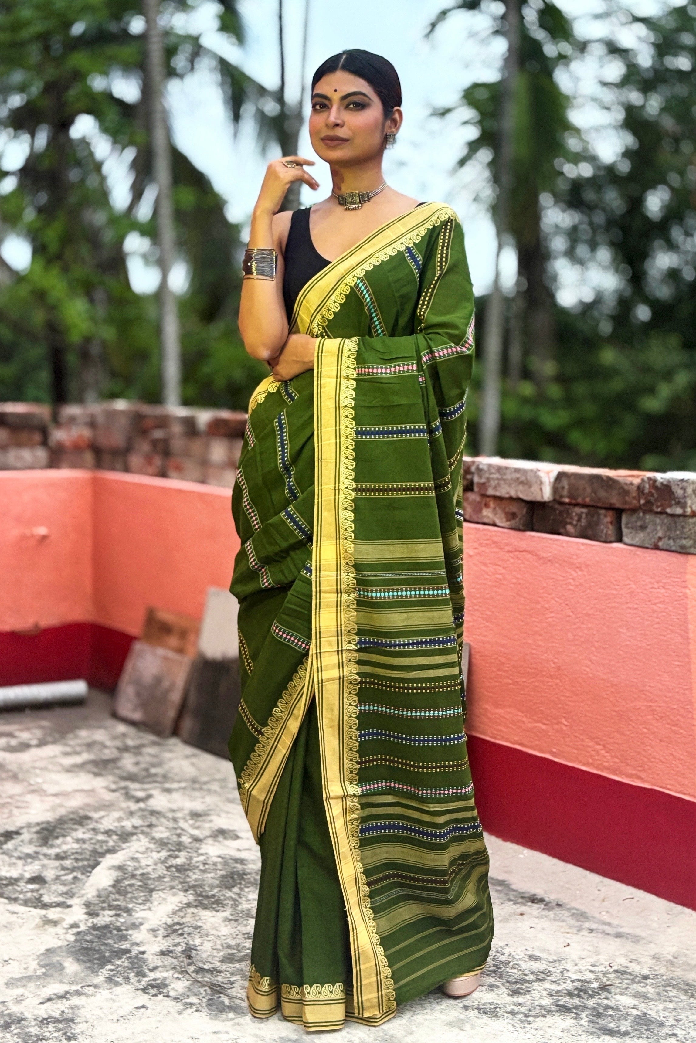 Green Begumpuri Cotton Handloom Saree with Woven Borders