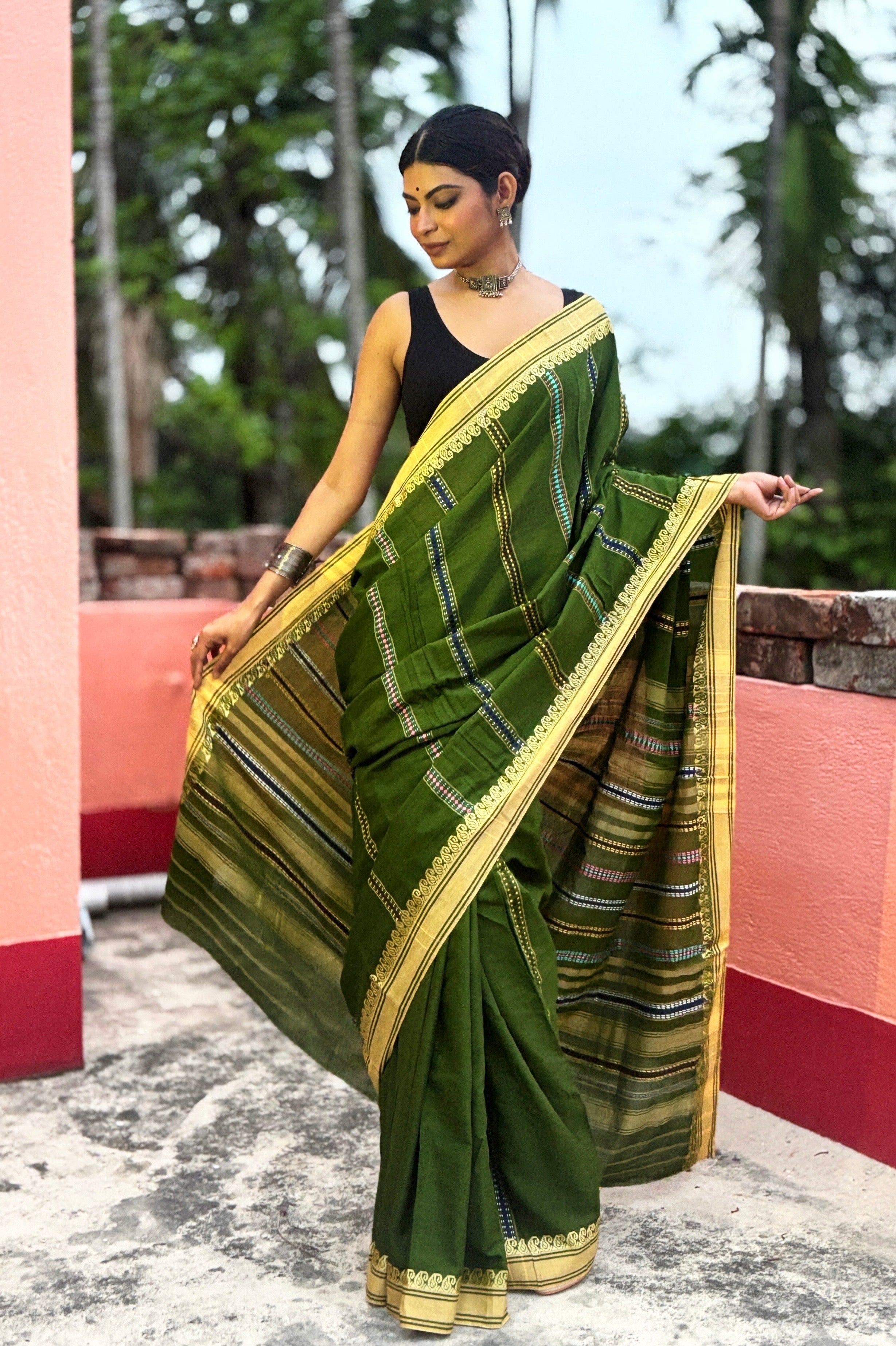 Green Begumpuri Cotton Handloom Saree with Woven Borders