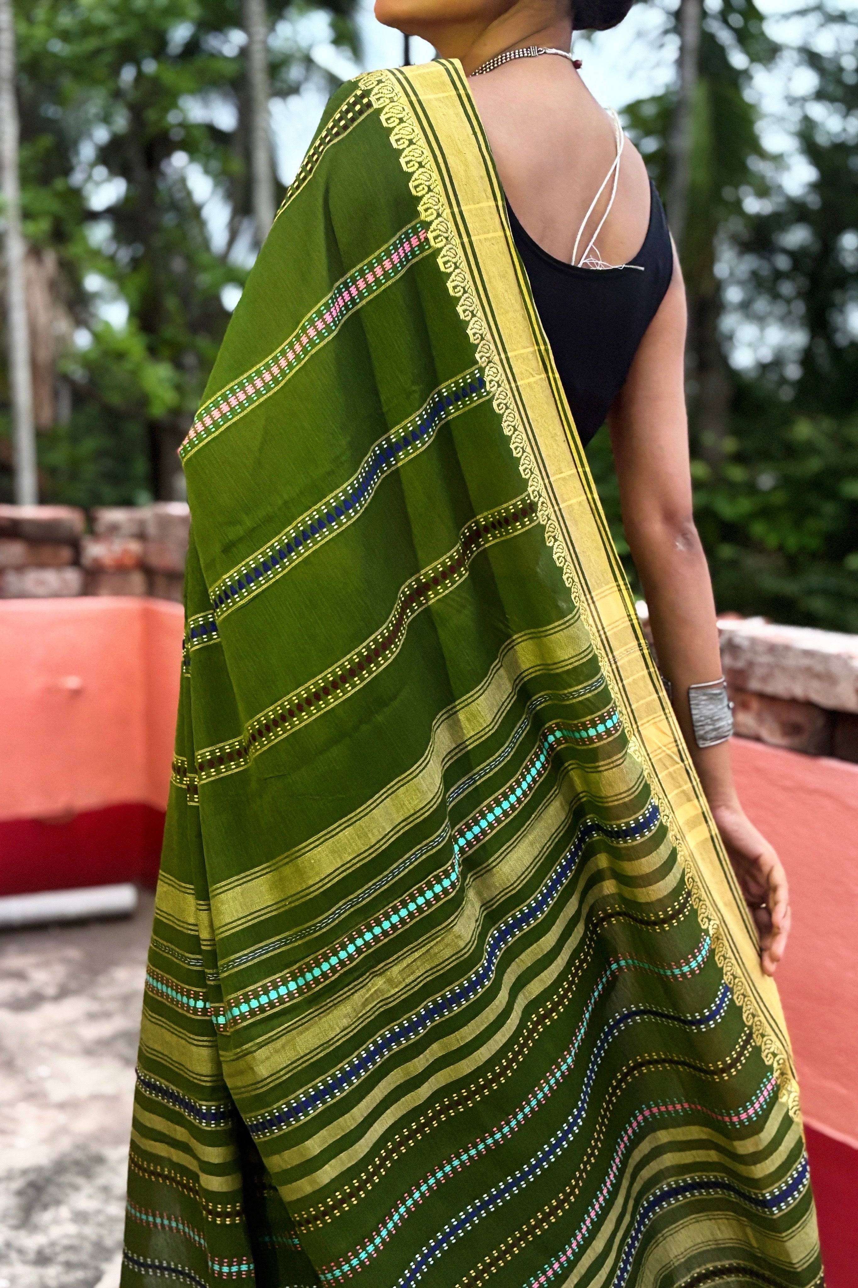 Green Begumpuri Cotton Handloom Saree with Woven Borders