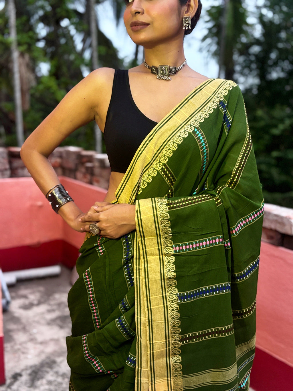 Green Begumpuri Cotton Handloom Saree with Woven Borders