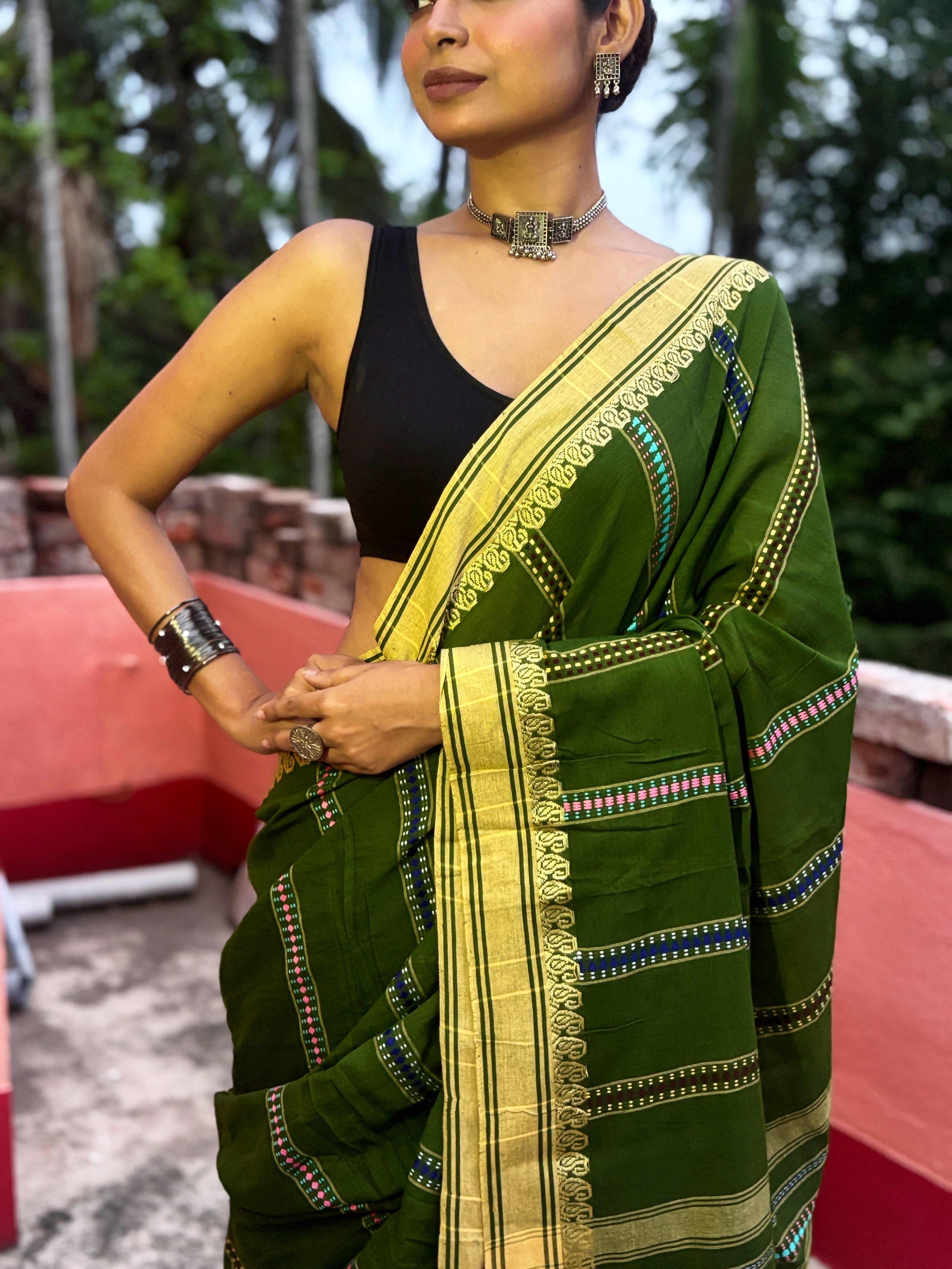 Green Begumpuri Cotton Handloom Saree with Woven Borders