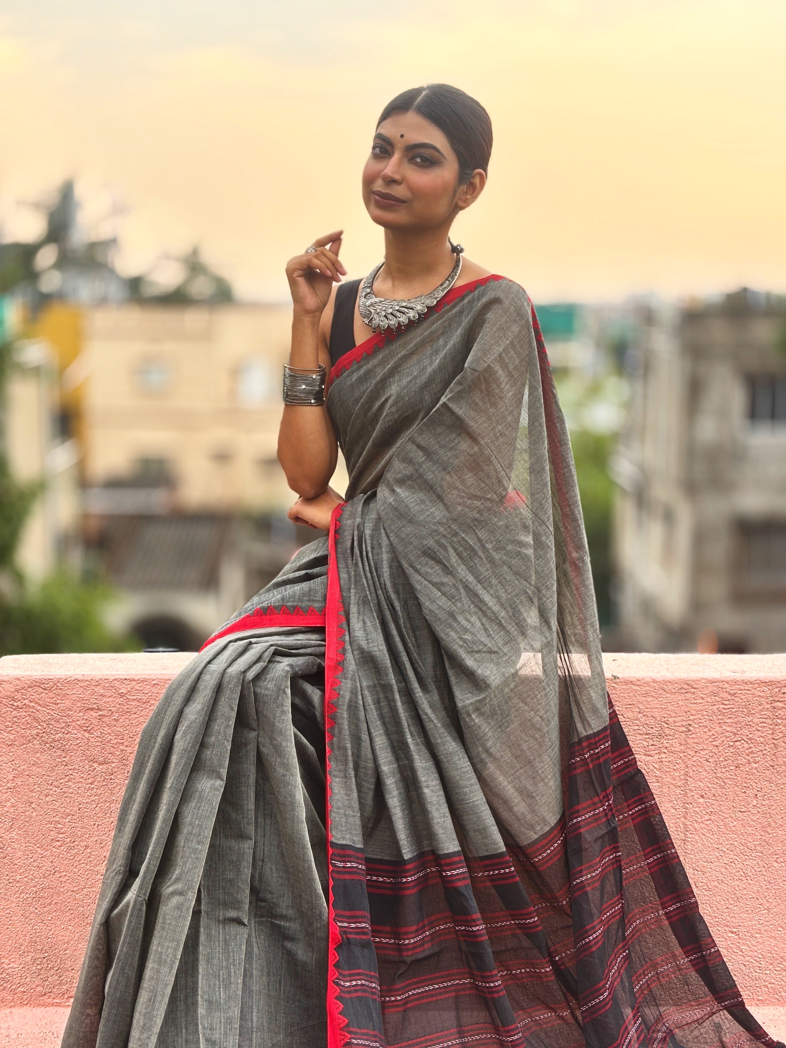 Grey Black Bengal Cotton Saree