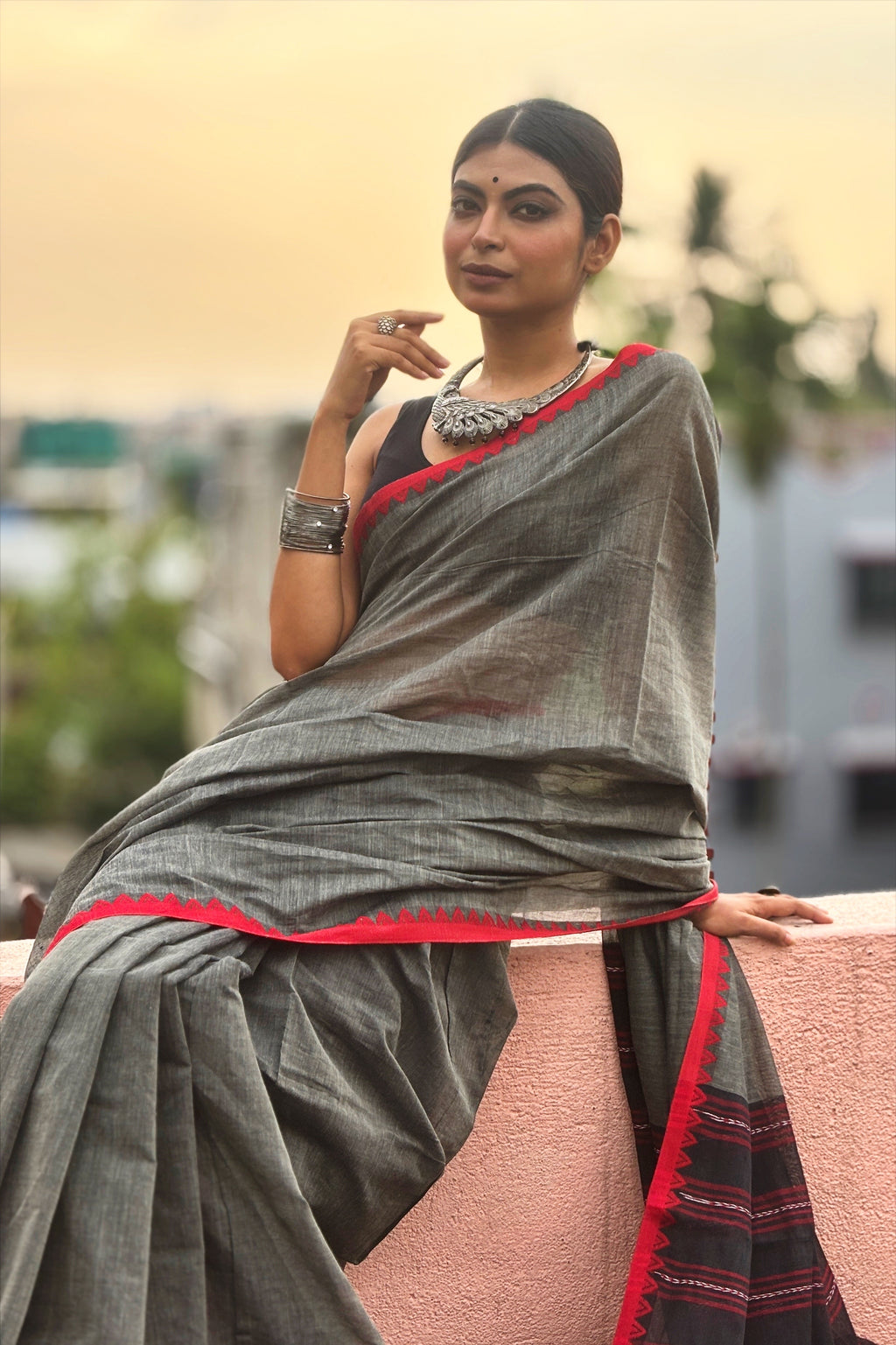 Grey Black Bengal Cotton Saree