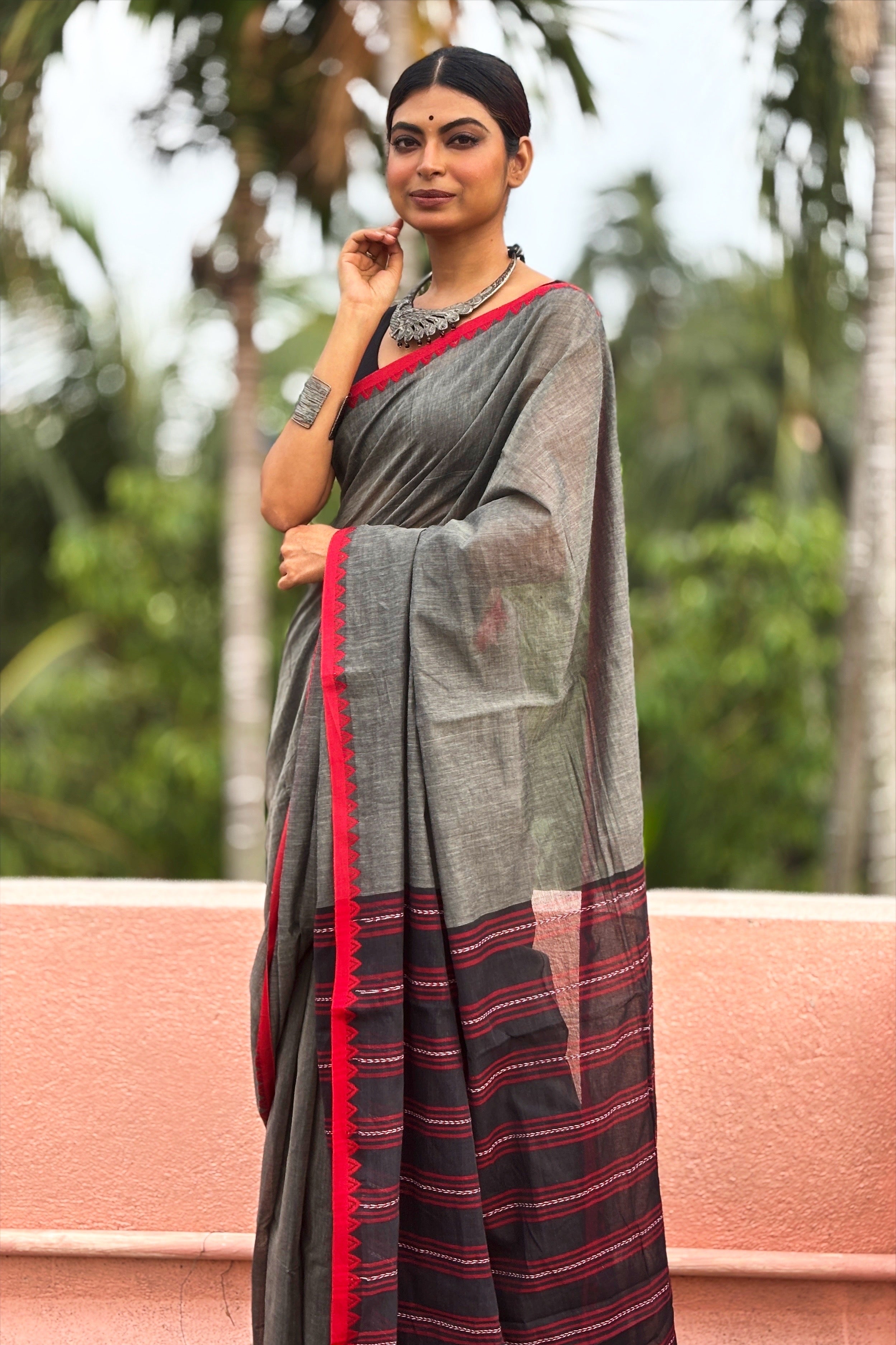 Grey Black Bengal Cotton Saree