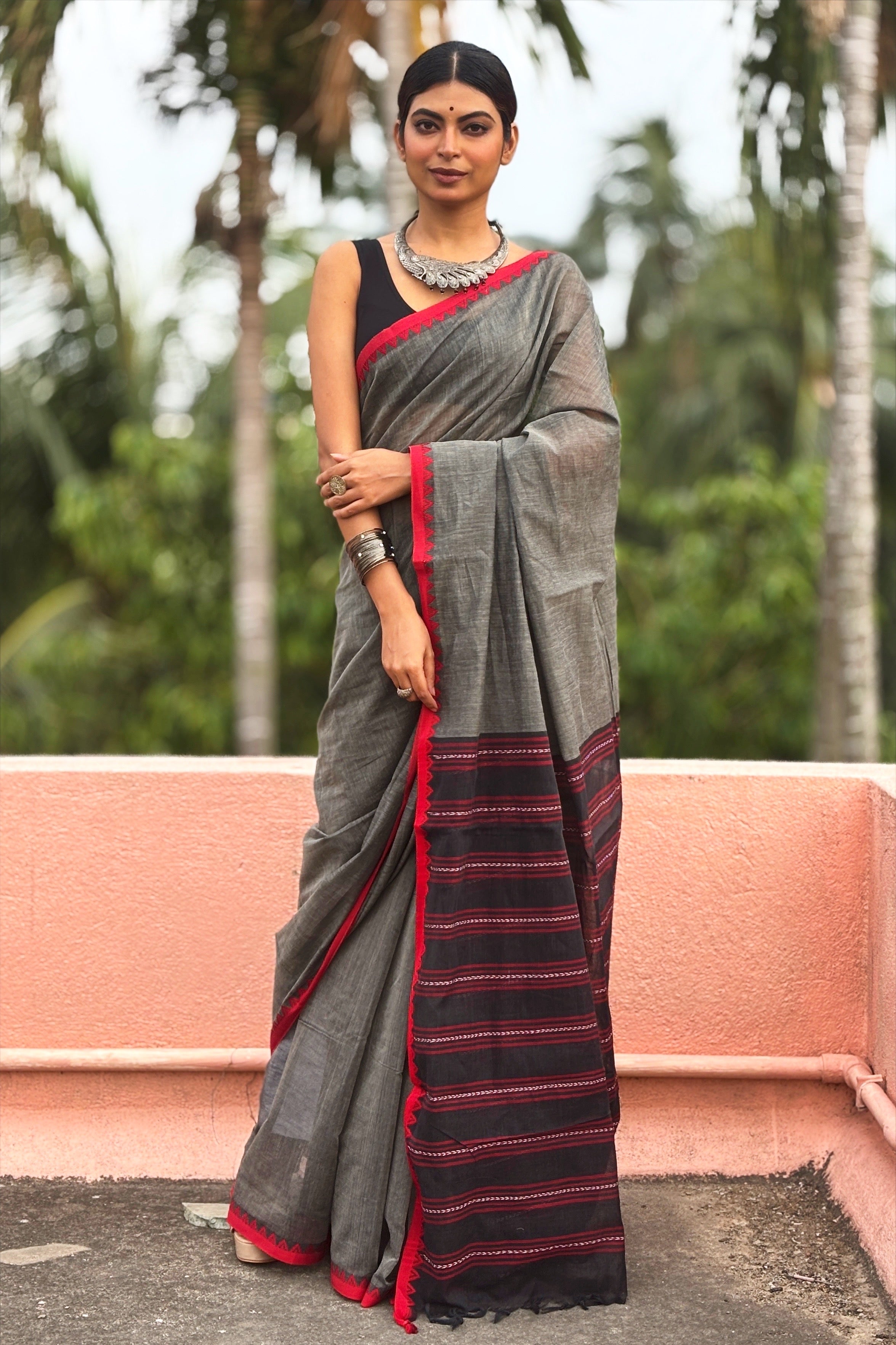 Grey Black Bengal Cotton Saree