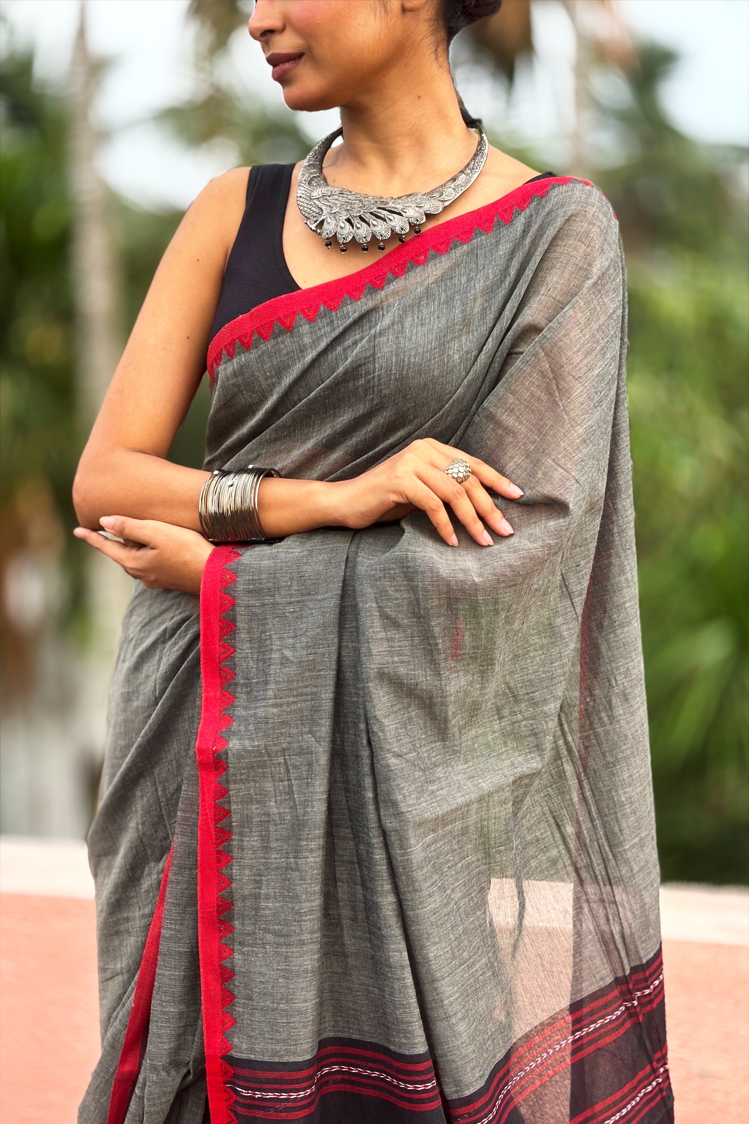 Grey Black Bengal Cotton Saree
