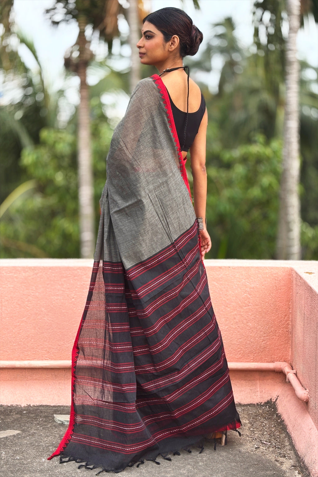 Grey Black Bengal Cotton Saree