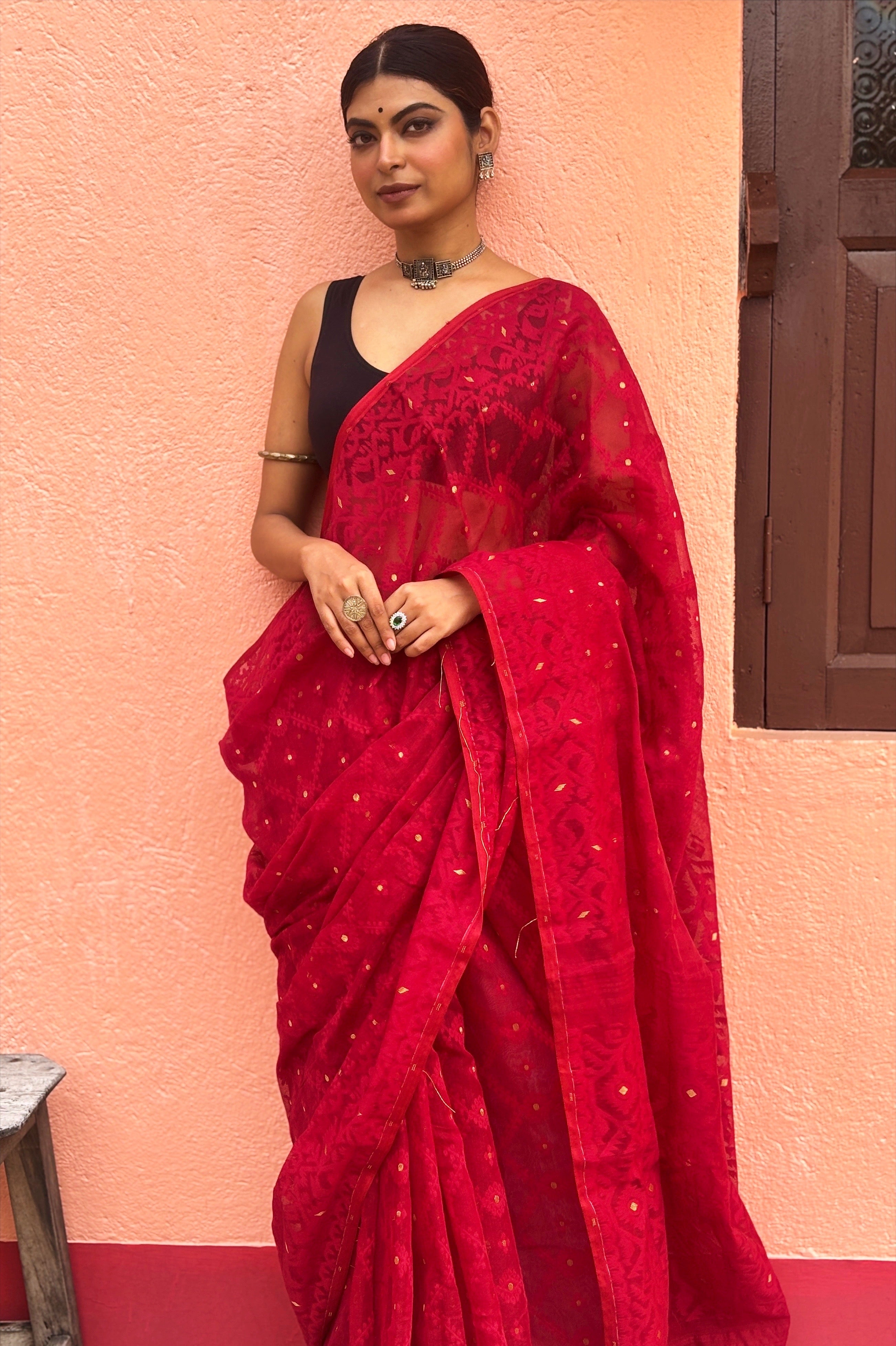 Maroonish Red Bengal Jamdani Saree