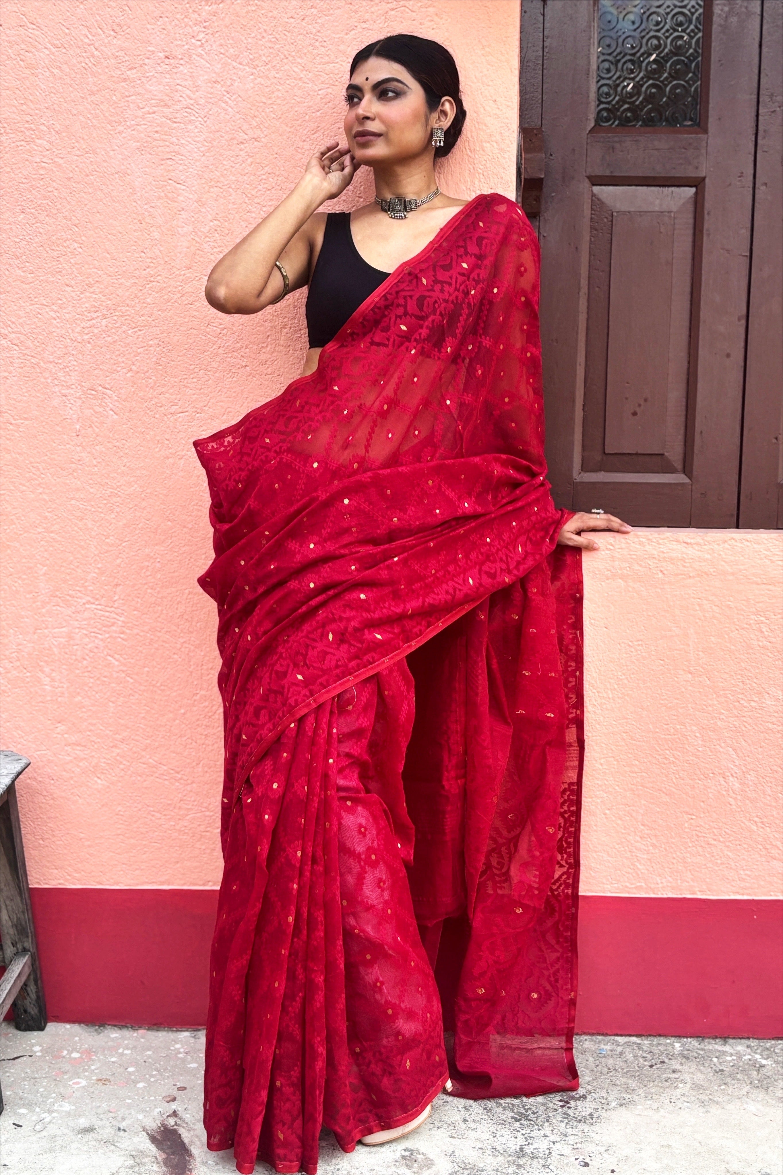 Maroonish Red Bengal Jamdani Saree