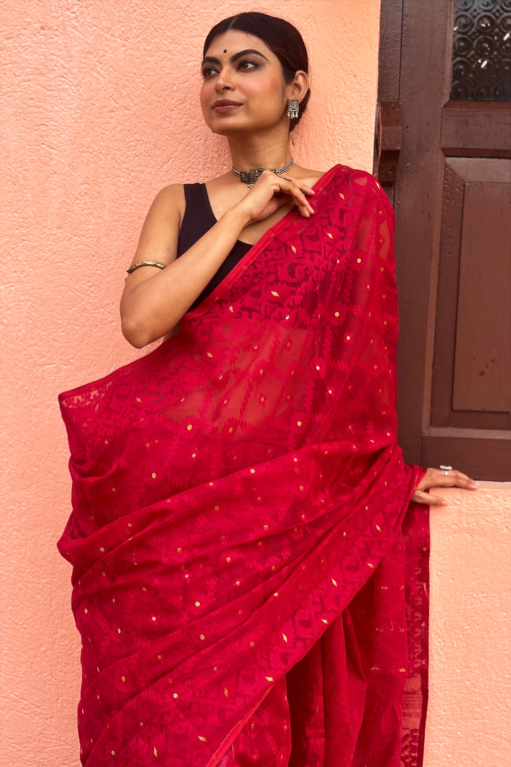 Maroonish Red Bengal Jamdani Saree