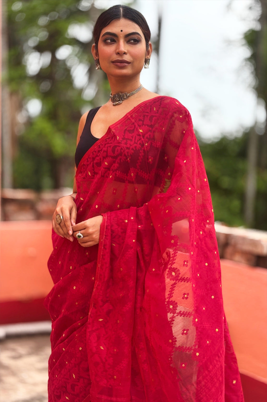 Maroonish Red Bengal Jamdani Saree