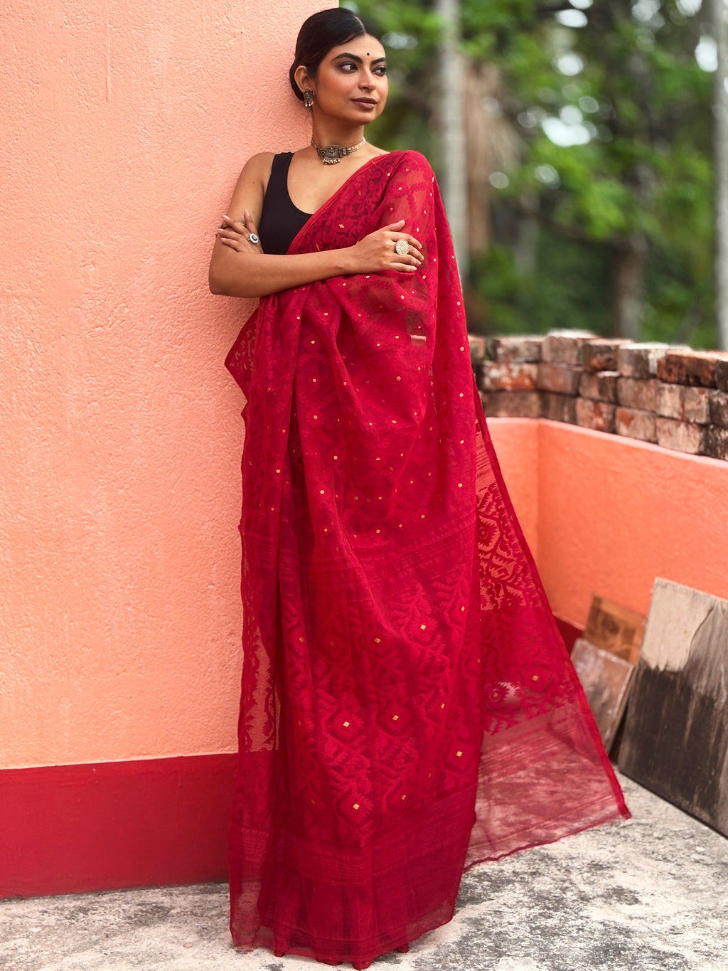 Maroonish Red Bengal Jamdani Saree
