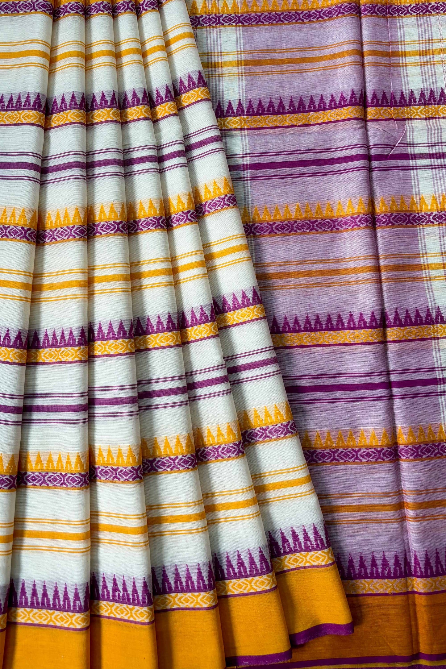 Yellow Purple White Woven Stipes Cotton Dhaniakhali Saree