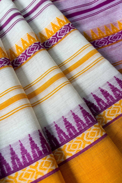 Yellow Purple White Woven Stipes Cotton Dhaniakhali Saree