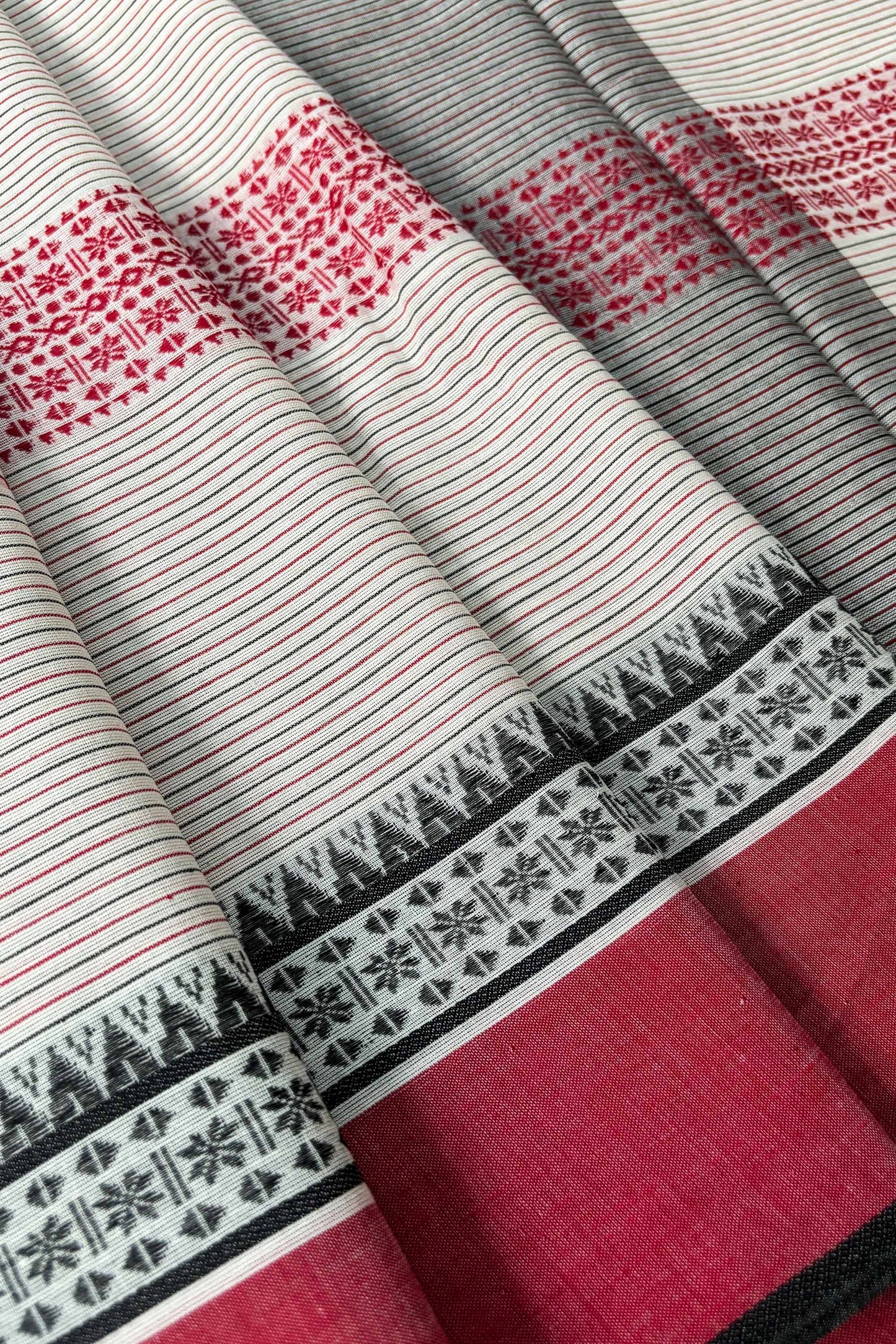 Red Black White Woven Stipes Cotton Dhaniakhali Saree