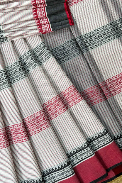 Red Black White Woven Stipes Cotton Dhaniakhali Saree
