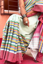 Pista Green Cotton Dhaniakhali Saree with Rainbow Borders