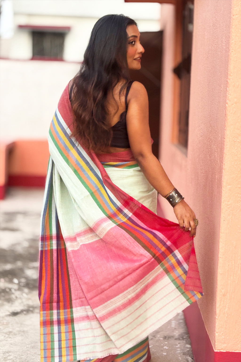 Pista Green Cotton Dhaniakhali Saree with Rainbow Borders