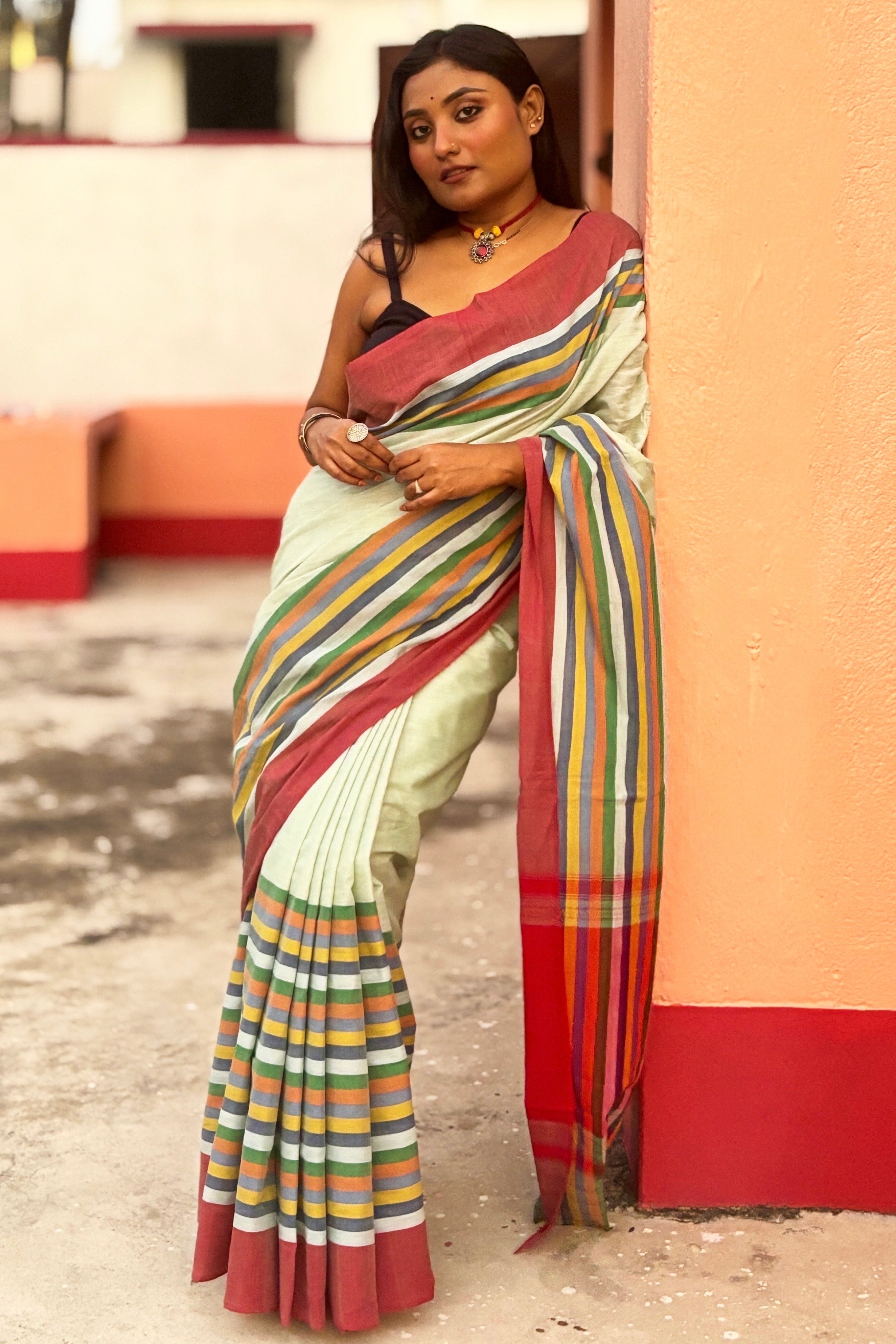 Pista Green Cotton Dhaniakhali Saree with Rainbow Borders