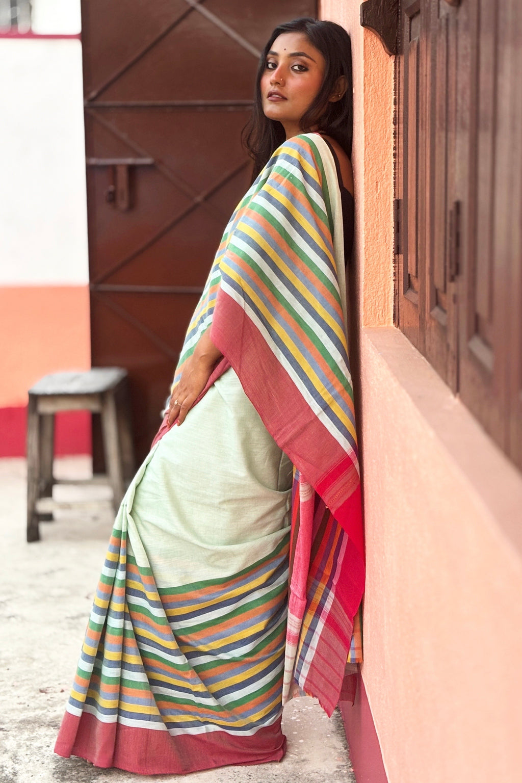 Pista Green Cotton Dhaniakhali Saree with Rainbow Borders