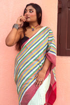 Pista Green Cotton Dhaniakhali Saree with Rainbow Borders