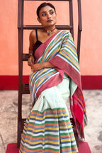 Pista Green Cotton Dhaniakhali Saree with Rainbow Borders